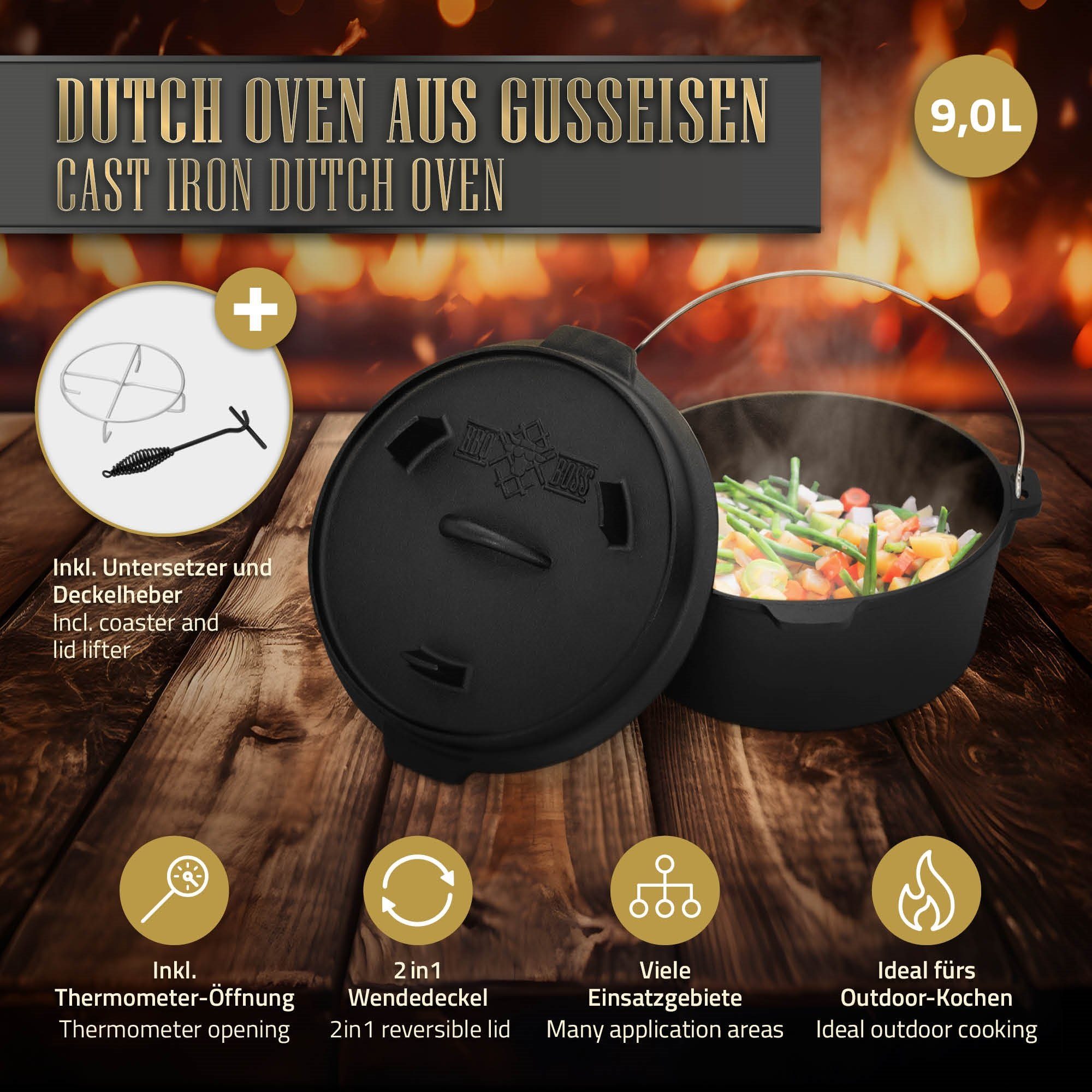 Set Feuertopf mit BBQ BBQ Deckelheber Grilltopf, Gusseisen Set für Schlitz Feuertopf Themormeter Liter Schmortopf Dutch Oven 9 Boss BBQ Kochtopf