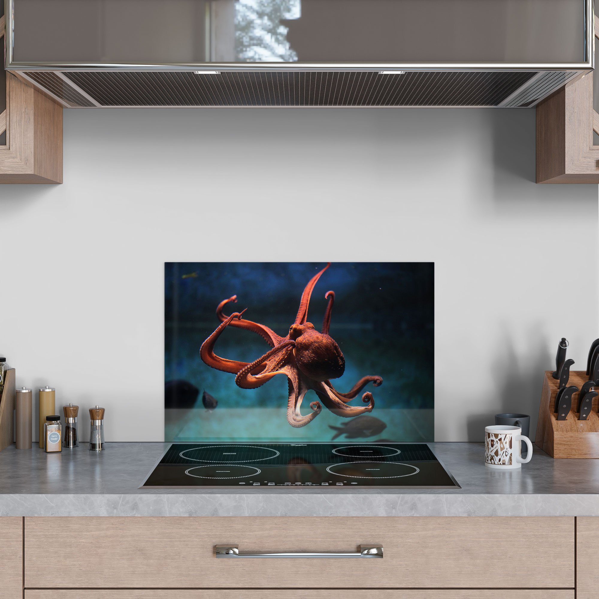 Badrückwand Küchenrückwand DEQORI Herdblende 'Oktopus Wasser', Glas Spritzschutz im