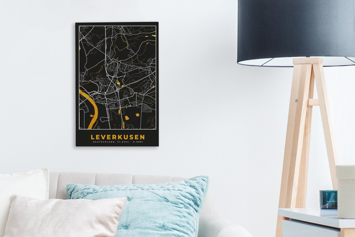 OneMillionCanvasses® Leinwandbild Leverkusen - Gold Gemälde, (1 cm - - Zackenaufhänger, bespannt - St), Deutschland Stadtplan Leinwandbild Karte, 20x30 fertig inkl