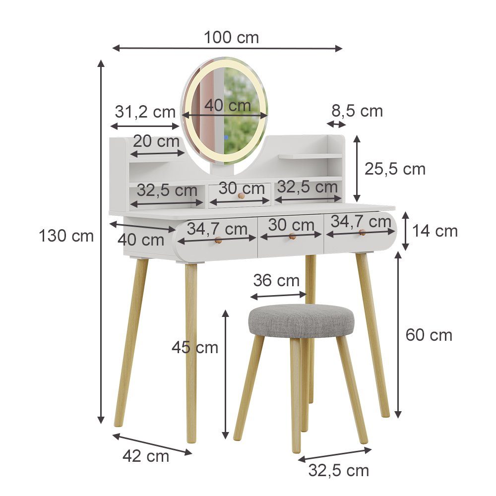 Vicco Schminktisch Edda, Weiß, 100 cm mit LED-Spiegel und Hocker (2-St)