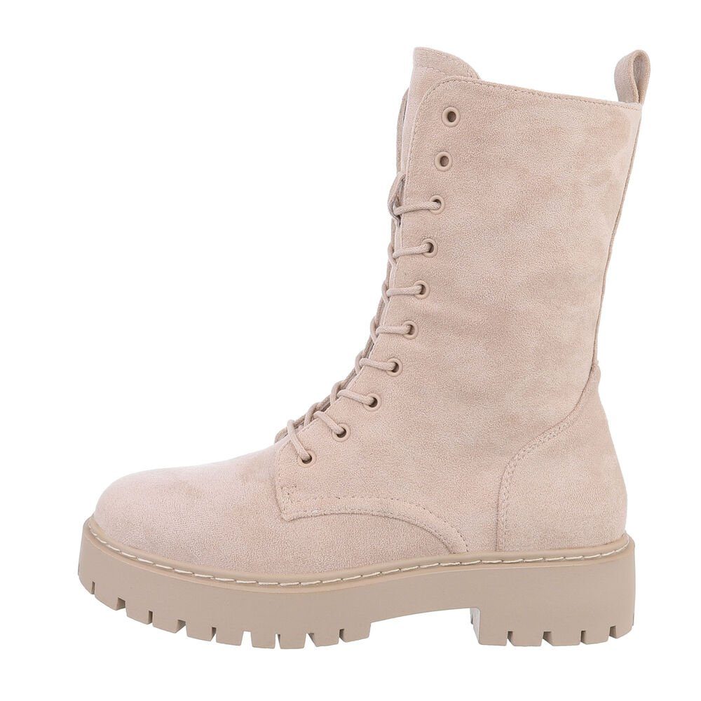 Ital-Design Damen Schnürschuhe Freizeit Schnürstiefelette in Beige Blockabsatz Plateaustiefeletten