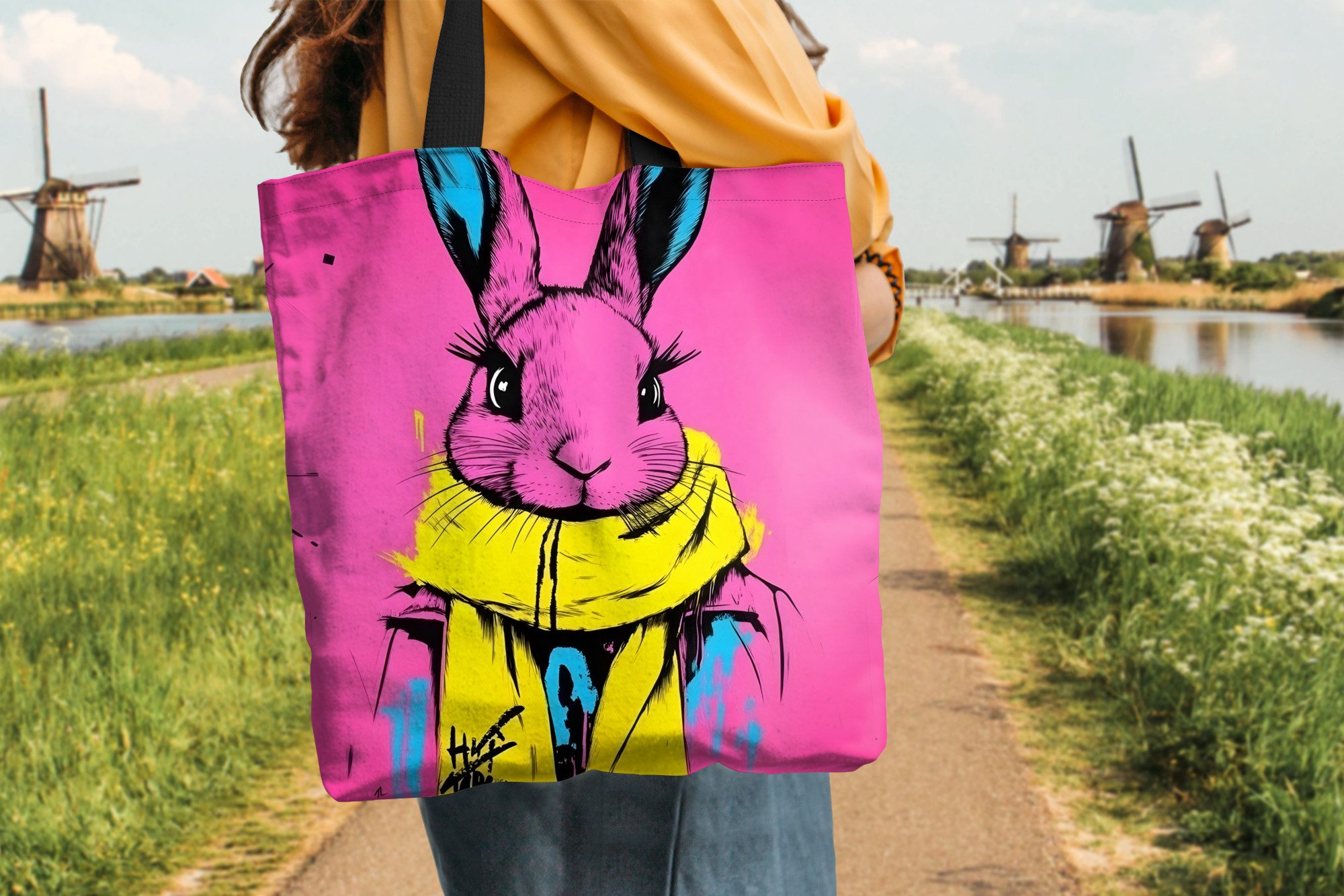 MuchoWow Shopper Kaninchen - Hellrosa - Schal - Abstrakt, Handtasche, Damen und Herren, Schultertasche, Umhängetasche, Tote Bag