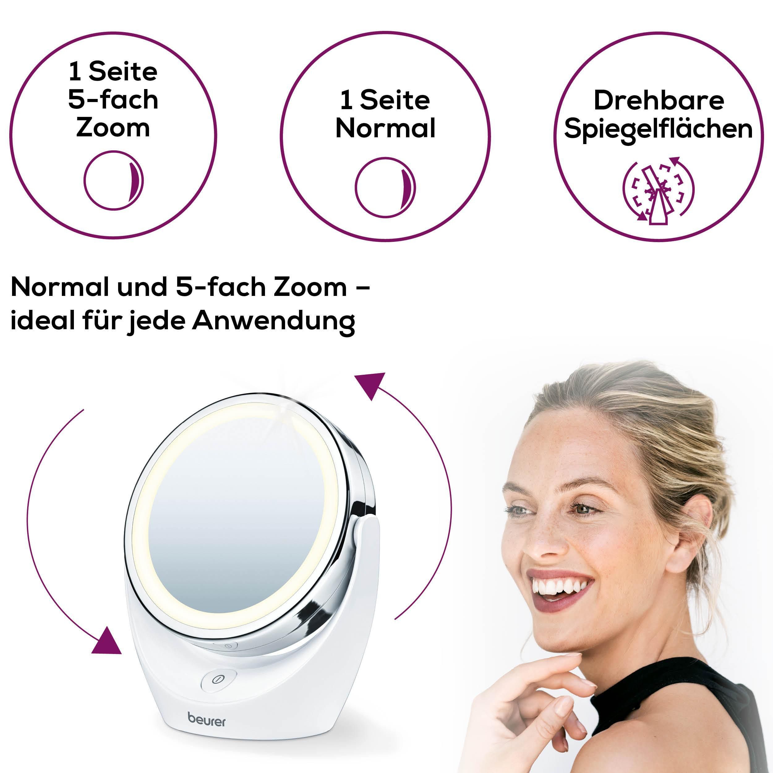 BEURER Kosmetikspiegel BS 49 beleuchteter Kosmetikspiegel mit LED-Licht, Mit 5-fach Vergrößerung für die Hautpflege und Beauty-Routine