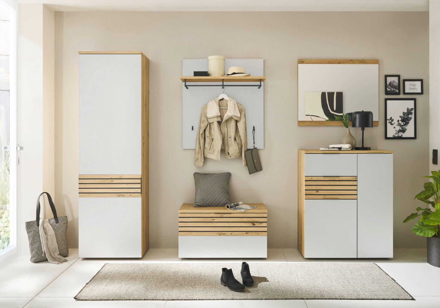 moebel-dich-auf Garderoben-Set MAILAND, (Komplett-Set, Garderobenschrank + Paneel + Bank + Spiegel + Schuhkommode), erhältlich in 2 Farbkombinationen