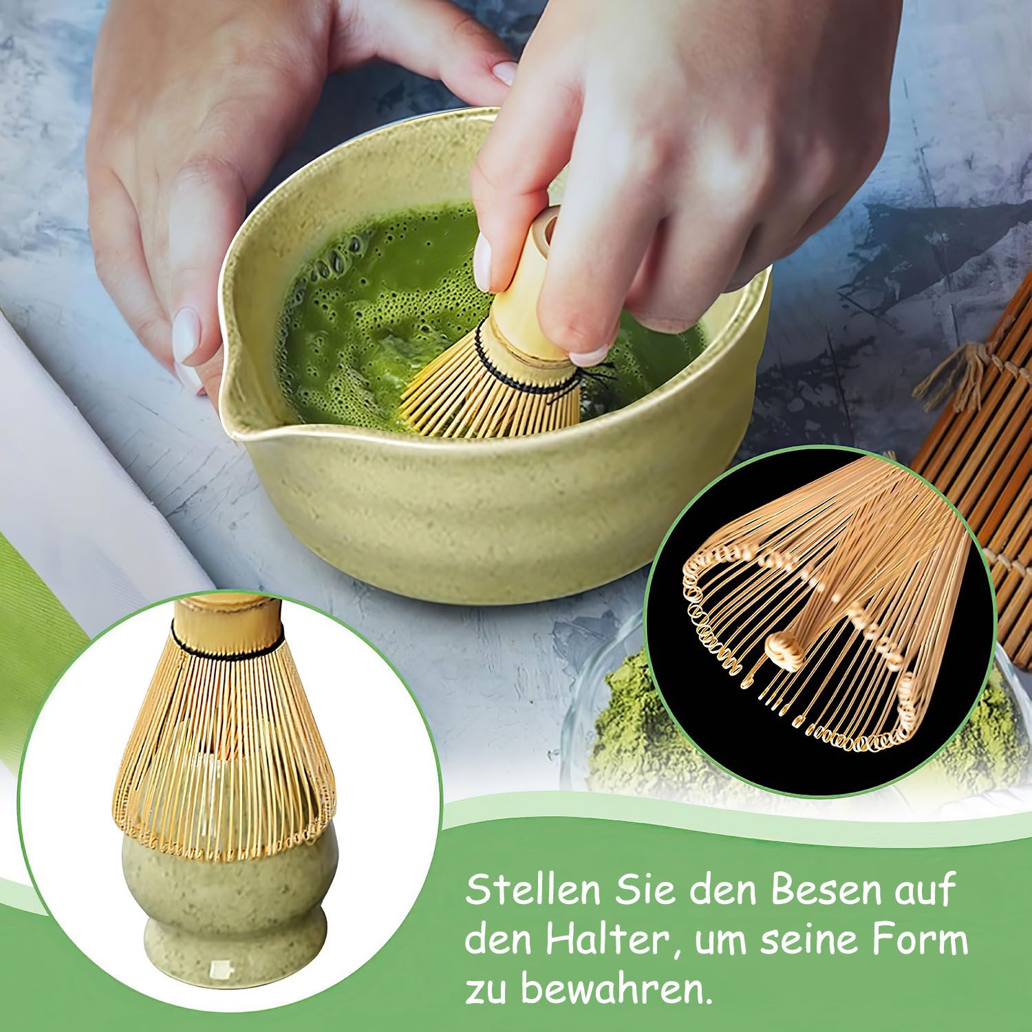 SURFOU Teeservice 6 Stück Matcha Tee Set mit Matcha Besen Edelstahlsieb Schal, 2 Matcha Löffel Besenhalter aus Keramik Matcha-Utensilien – Bild 5 von 5