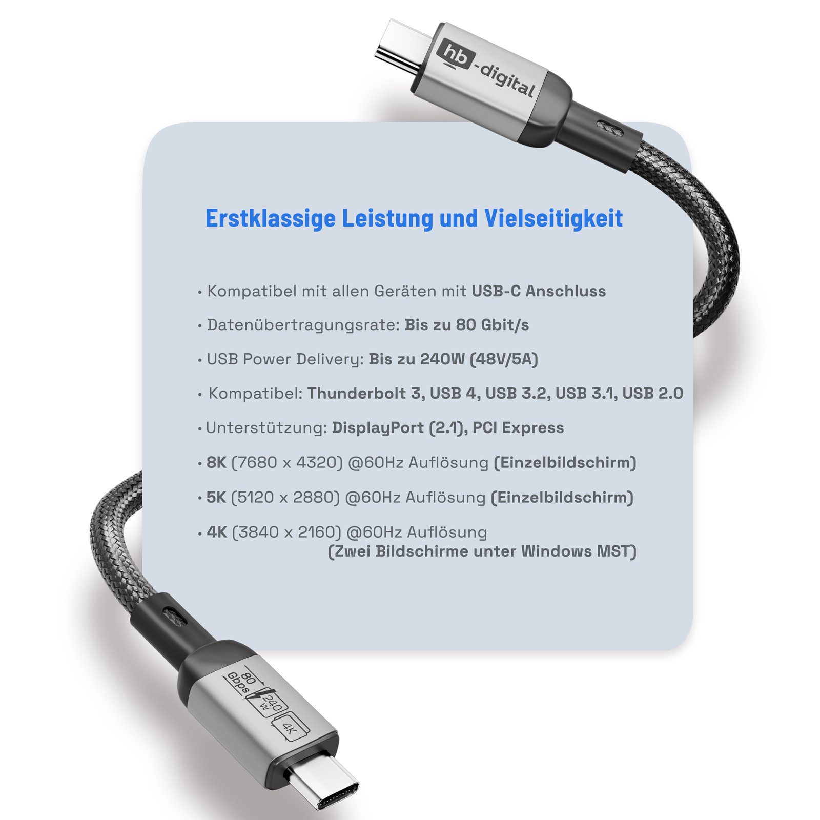 HB-DIGITAL hb-digital USB-C auf USB-C Kabel 240W 80Gbps USB-4 USB-Kabel, Leistungsstarkes Laden mit bis zu 240 W Power Delivery (48 V/5 A)