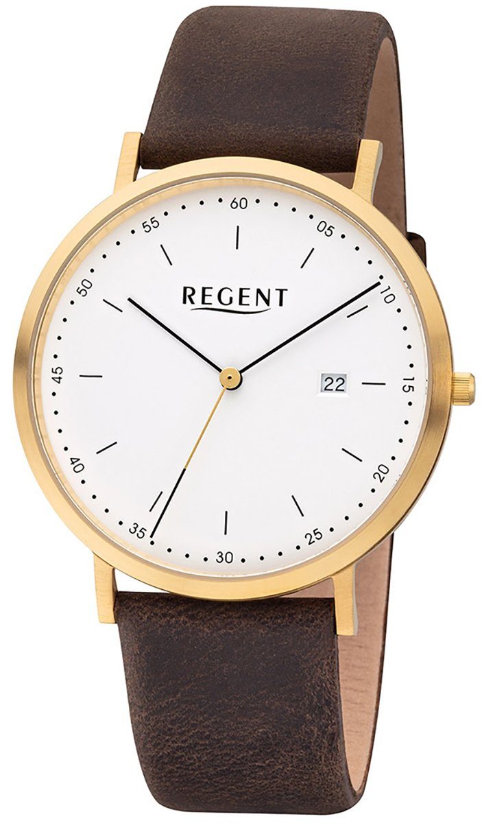 Herren Uhr Quarzuhr Regent 40mm), groß rund, F-1143 Quarz, Lederarmband Armbanduhr (ca. Regent Leder Herren