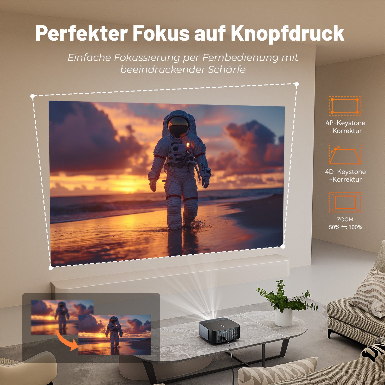 ZOOMCAT ZOOMCAT E1 Beamer 4K Mit Netflix Zertifizierung Beamer (25000 lm, 25000 : 1, 3840x2160, 1920x1080 px, Elektrische Fokussierung, 4D 4P elektronische Trapezkorrektur) schwarz