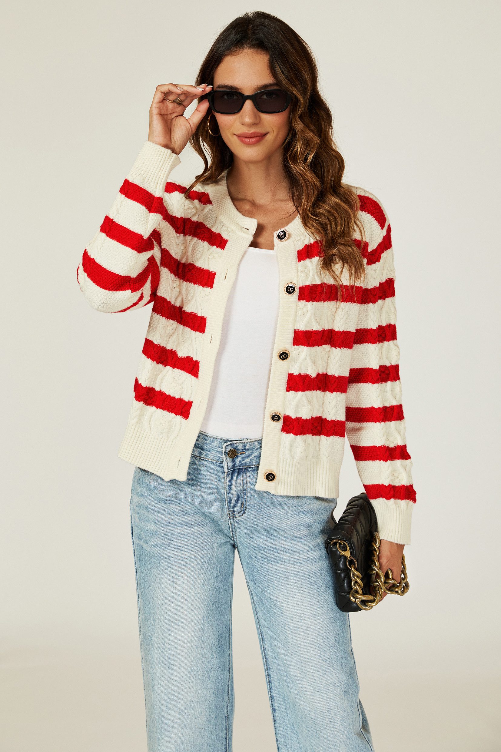 FS Collection Strickjacke Strickjacke Cardigan mit Streifenmuster aus Wollm günstig online kaufen