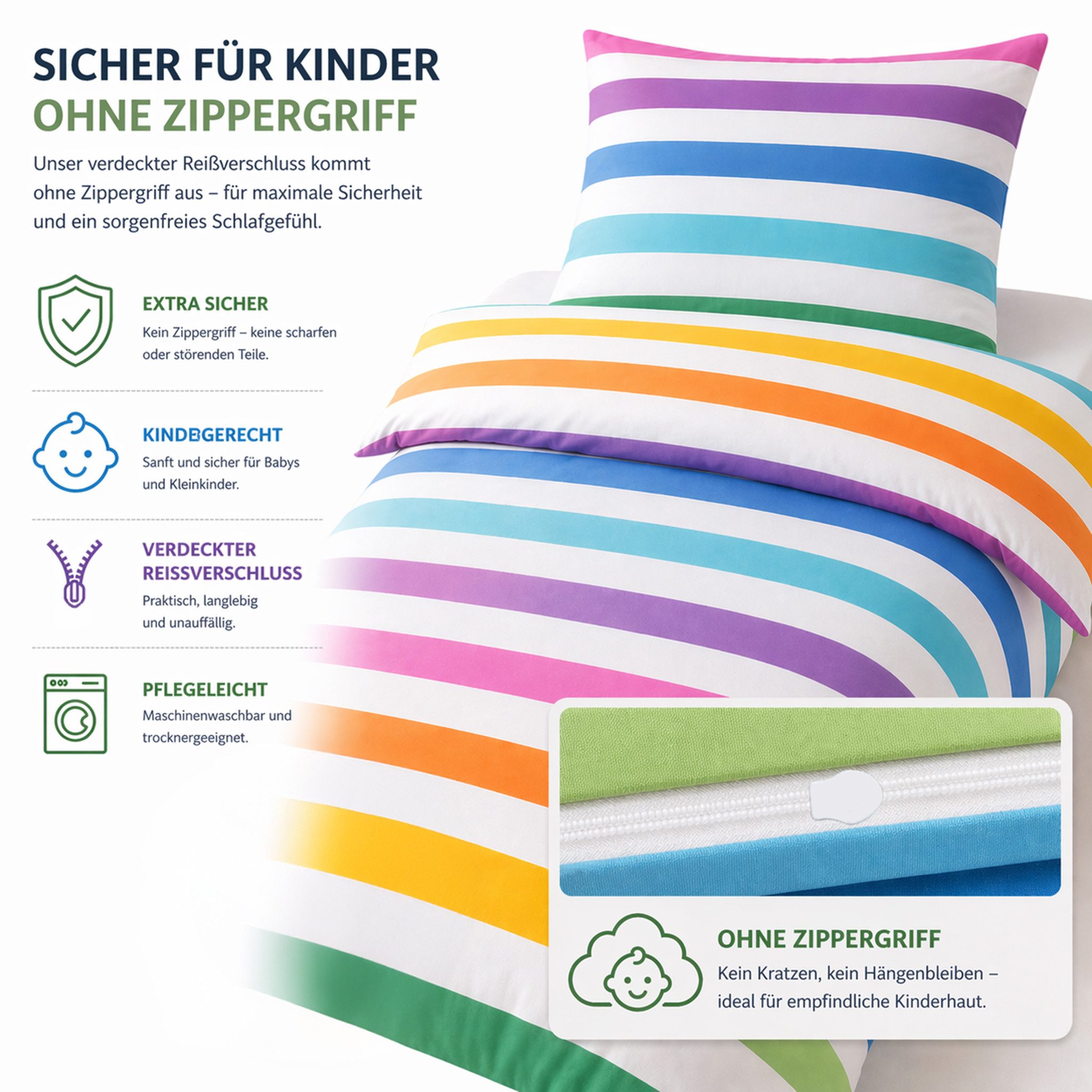 Buymax Kinderbettwäsche Rainbow Kids, Renforcé, 2 teilig, 135x200 cm, 100% Baumwolle, Reißverschluss, Kind, Regenbogen – Bild 3 von 5