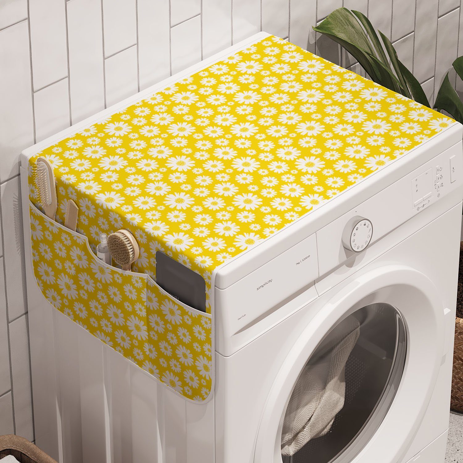 Abakuhaus Badorganizer Anti-Rutsch-Stoffabdeckung für Waschmaschine und Trockner, Frühling Daisy Romance auf Gelb Kunst