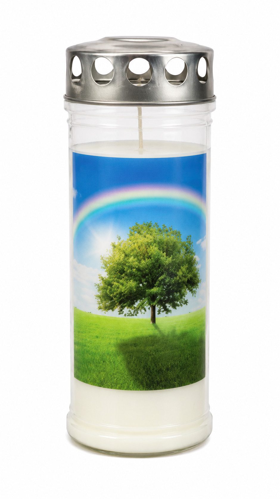 Kopschitz Kerzen Grabkerze 7-Tage-Brenner Grabkerze – Transparent Baum mit Regenbogen-Motiv