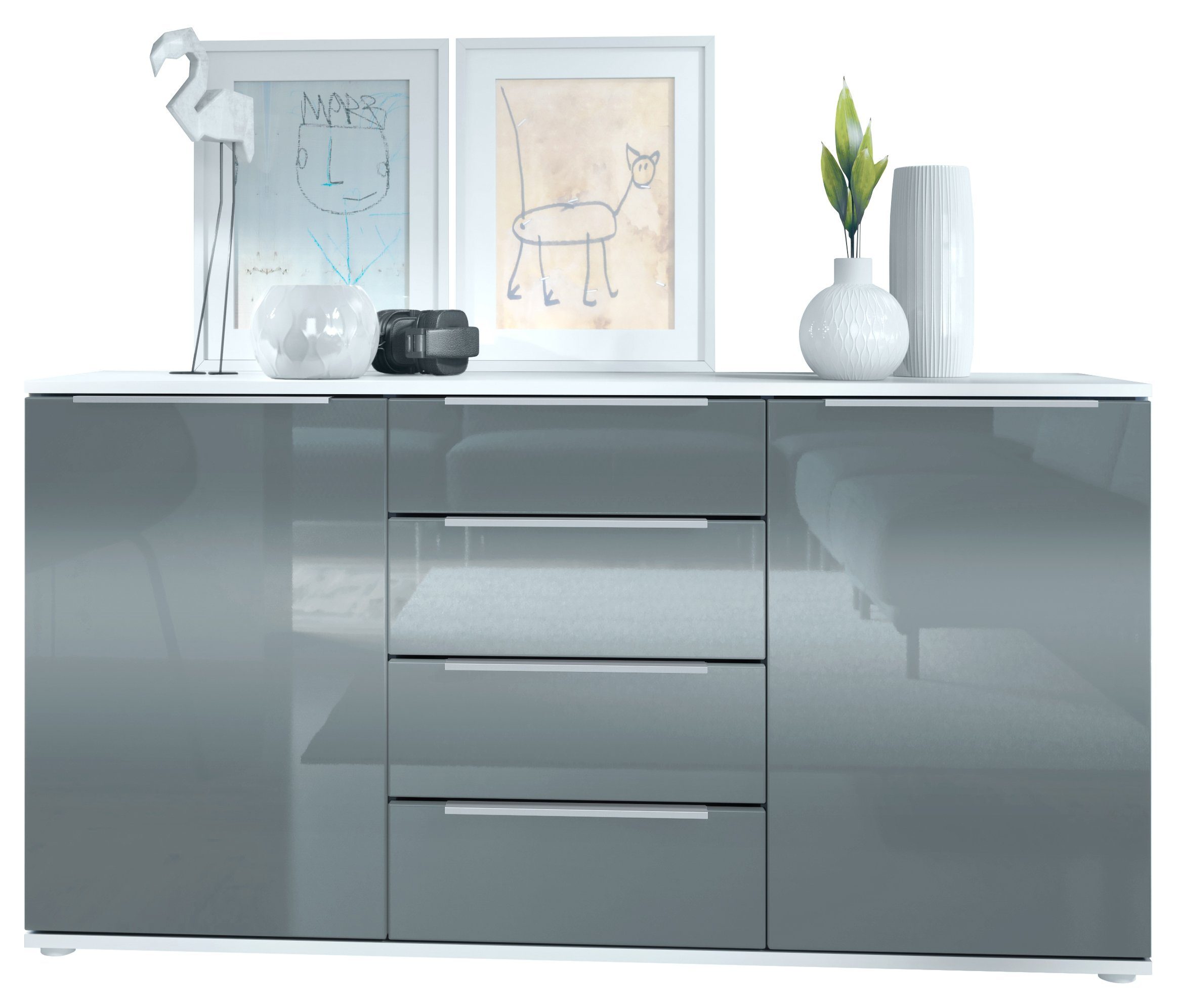 Vladon Sideboard Porto V1 (Anrichte, mit 2 Türen und 4 Schubladen), Weiß matt/Grau Hochglanz (139 x 72,5 x 35 cm)
