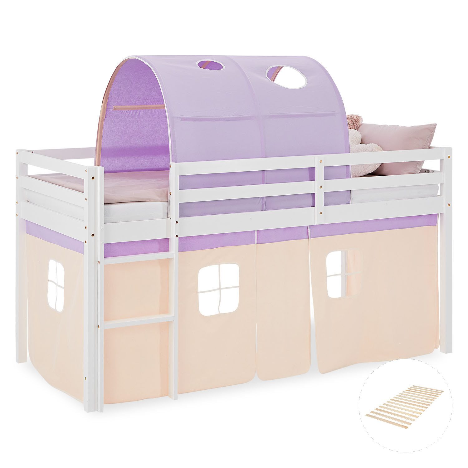 Hochbett 90x200 Stockbett Kinderbett Holz Kiefer Weiß Lila Beige Kinder Vorhang