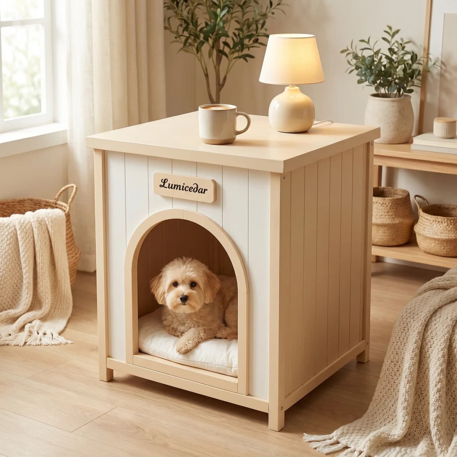 ANYSUN Hundehütte Indoor, Hundehaus & Beistelltisch aus Massivholz 2-in-1, Katzenhaus & Hundehöhle mit Kissen für kleine Hunde & Katzen bis 9 kg