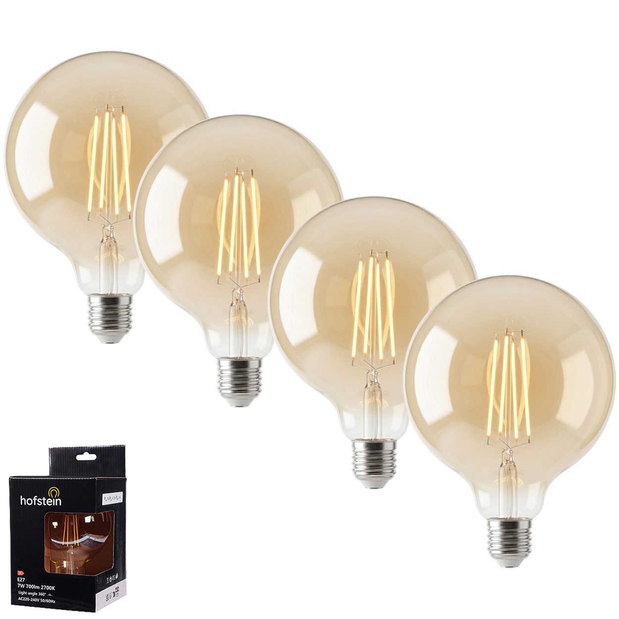 hofstein LED-Leuchtmittel 4er Set Glühbirne Warmweiß dimmbar 6 Watt, E27, 2700 Kelvin, 600 Lumen, Globe Vintage, Filament, Amber