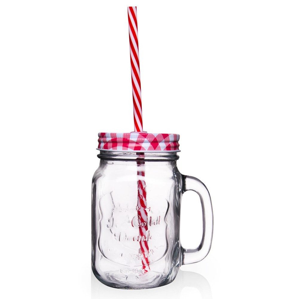 Orion Group Glas 450ml Trinkbecher mit Henkel, Schraubverschluss und Trinkhalm, 3-tlg., Glas, Kunststoff, Metall, für Wasser, Cocktails, Limonade