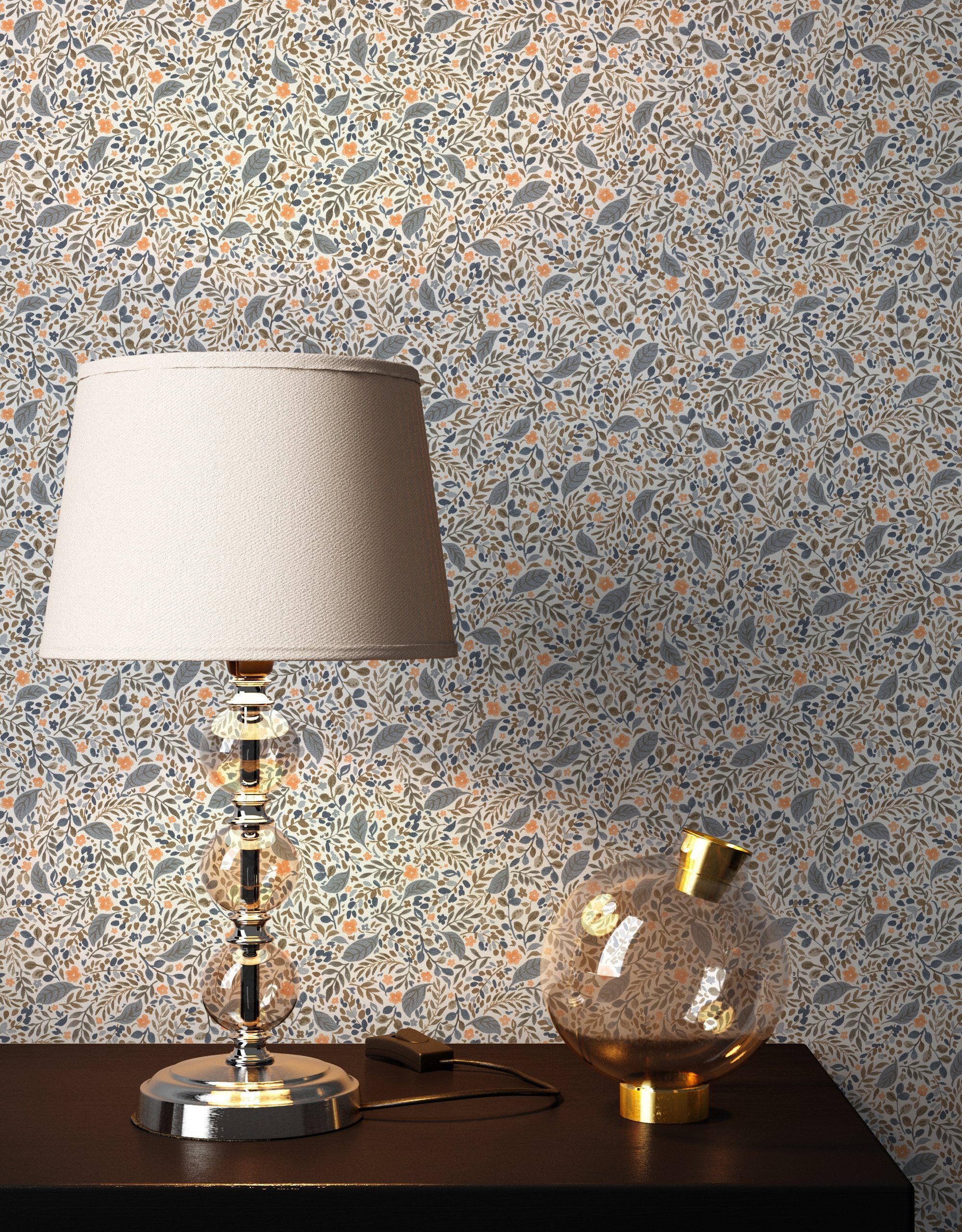 Newroom Vliestapete, Weiß Tapete Landhaus Blumen - Blumentapete Grau Orange Romantisch Floral Blüten Wiese für Wohnzimmer Schlafzimmer Büro