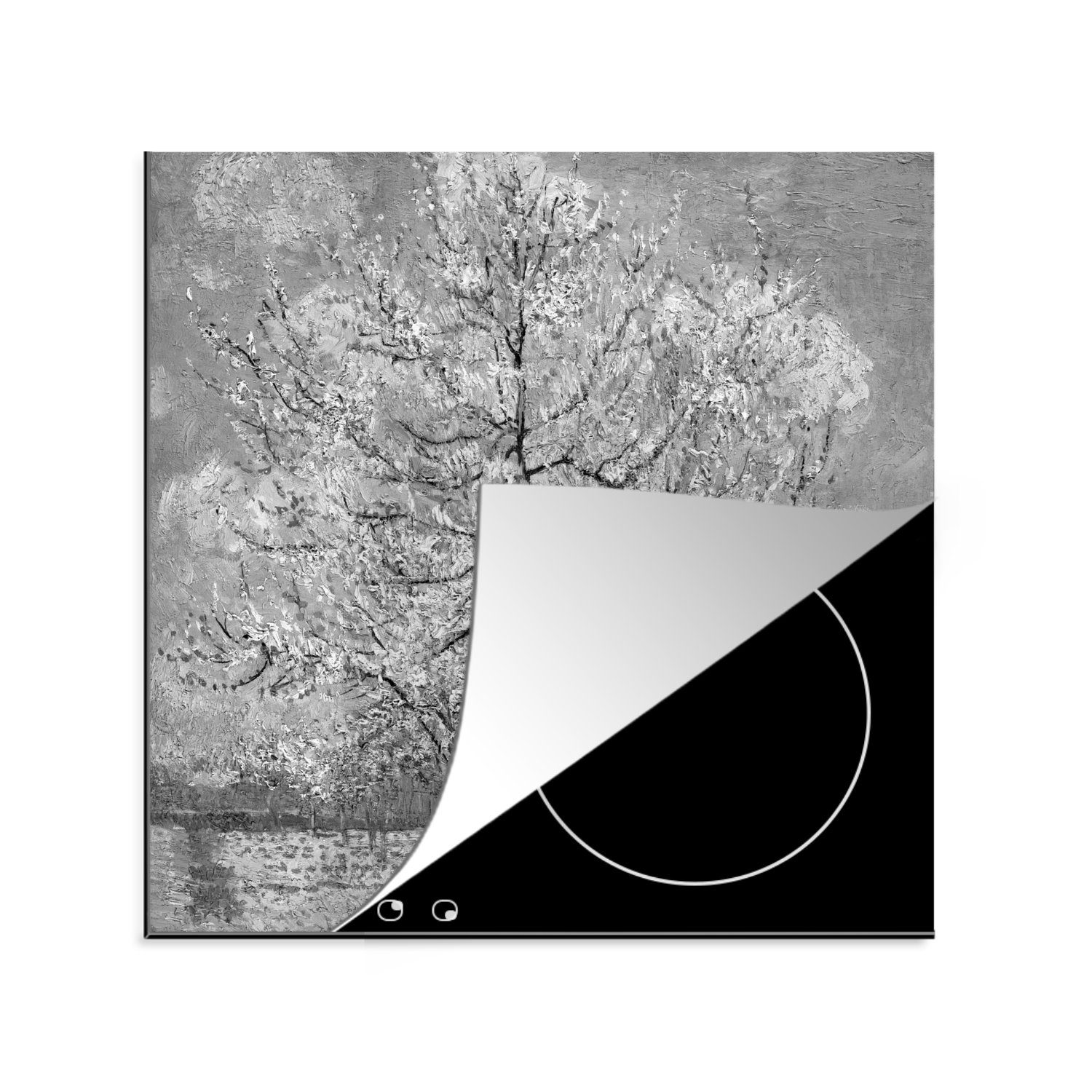 Vincent Blühender MuchoWow küche Ceranfeldabdeckung, Schwarz Gogh Arbeitsplatte - Vinyl, und (1 78x78 - van Herdblende-/Abdeckplatte Pfirsichbaum weiß, tlg), cm, für