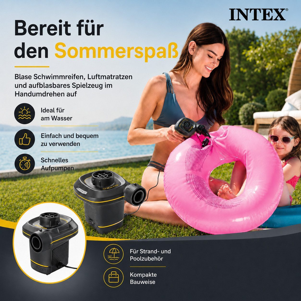Intex Luftpumpe Quick-Fill Elektrische Luftpumpe–AC/DC 220–240 V&12 V, 480 L/min (6-tlg) – Bild 2 von 5