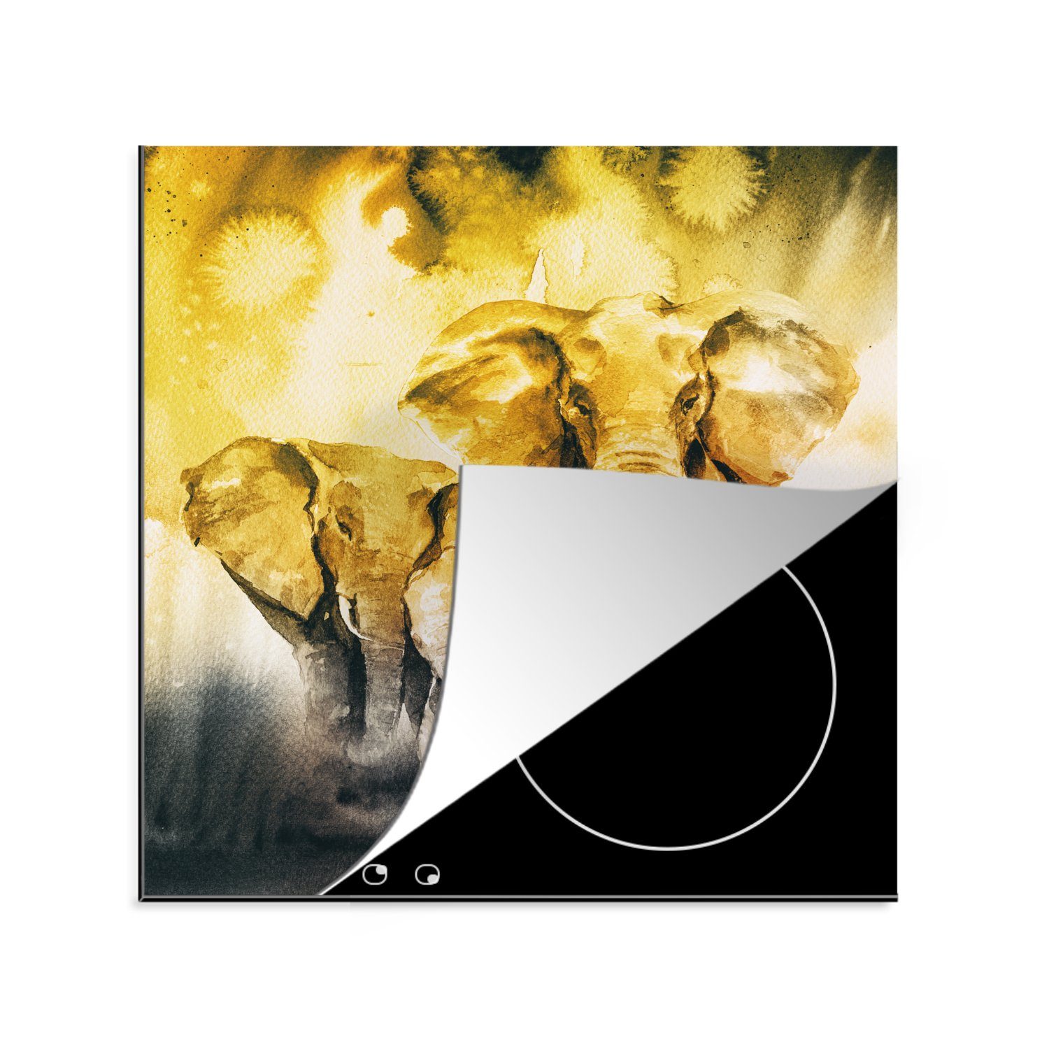 Herdblende-/Abdeckplatte cm, küche - Elefant Familie MuchoWow (1 tlg), Arbeitsplatte für 78x78 Aquarell, Vinyl, - Ceranfeldabdeckung,