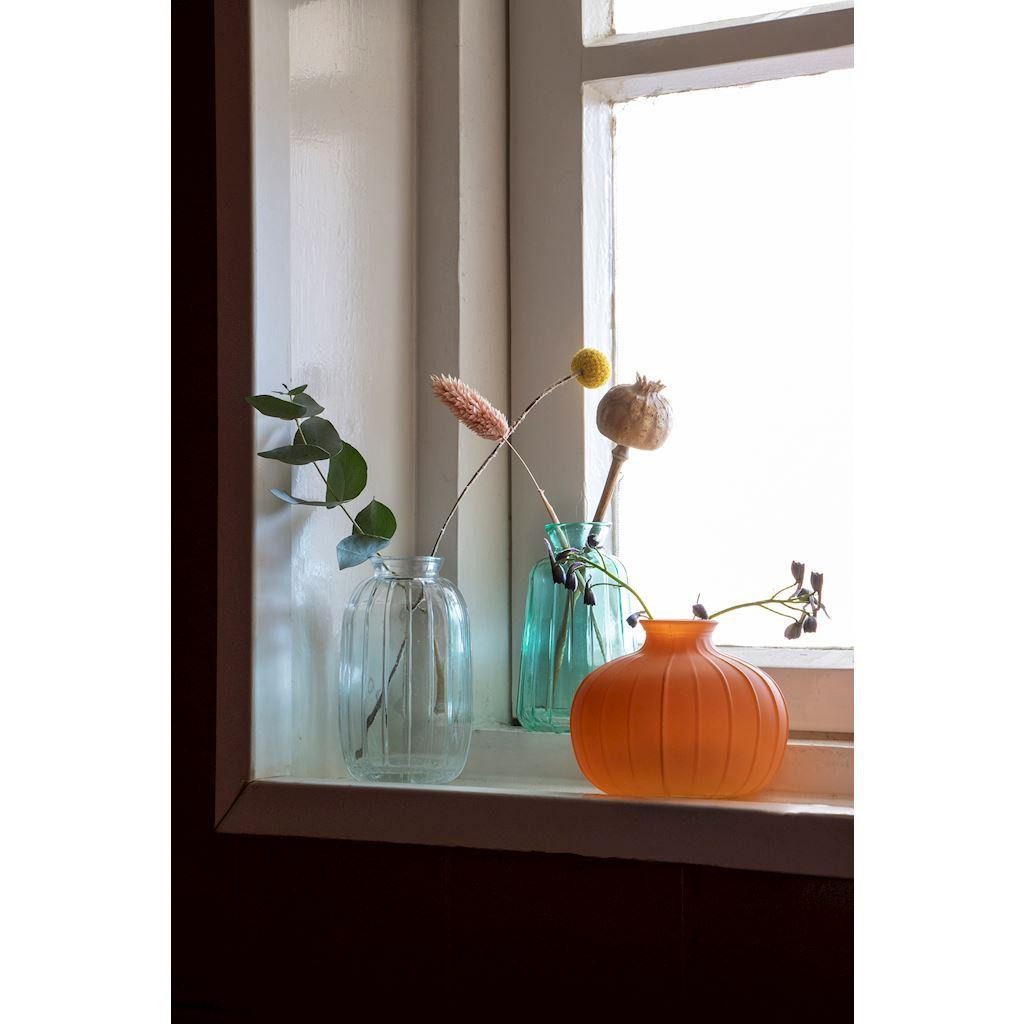 INNA-Glas Dekovase Flaschenvase Tatiana mit Rillen, türkis-klar, 11cm, Ø6,5cm