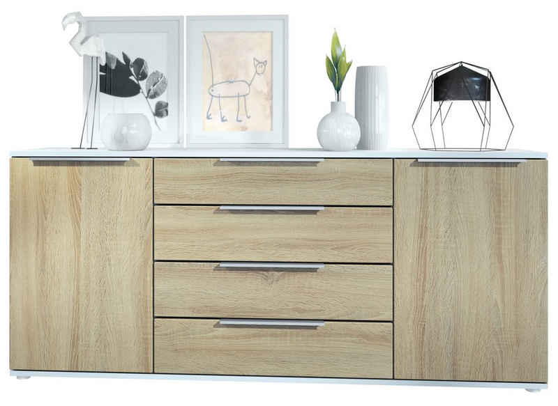 Vladon Sideboard Linio (Anrichte, mit 2 Türen und 4 Schubladen), Weiß matt/Eiche sägerau (166,5 x 72,5 x 35 cm)