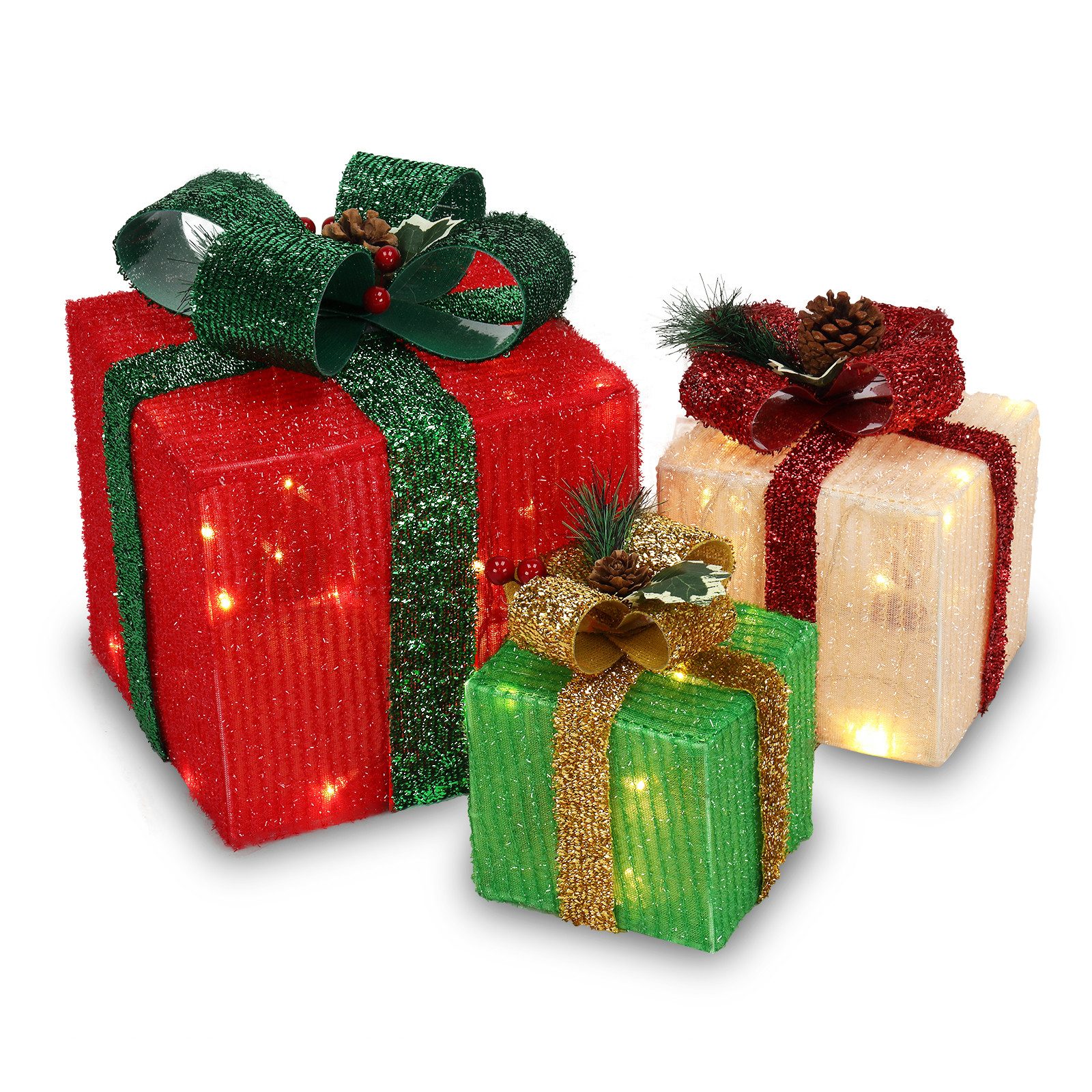 VINGLI LED Dekolicht 3er Set LED Geschenkboxen für Innen & Außen, 60 LEDs, ABS Kunststoffrahmen, Warmweiß Lichter, Batteriebetrieben