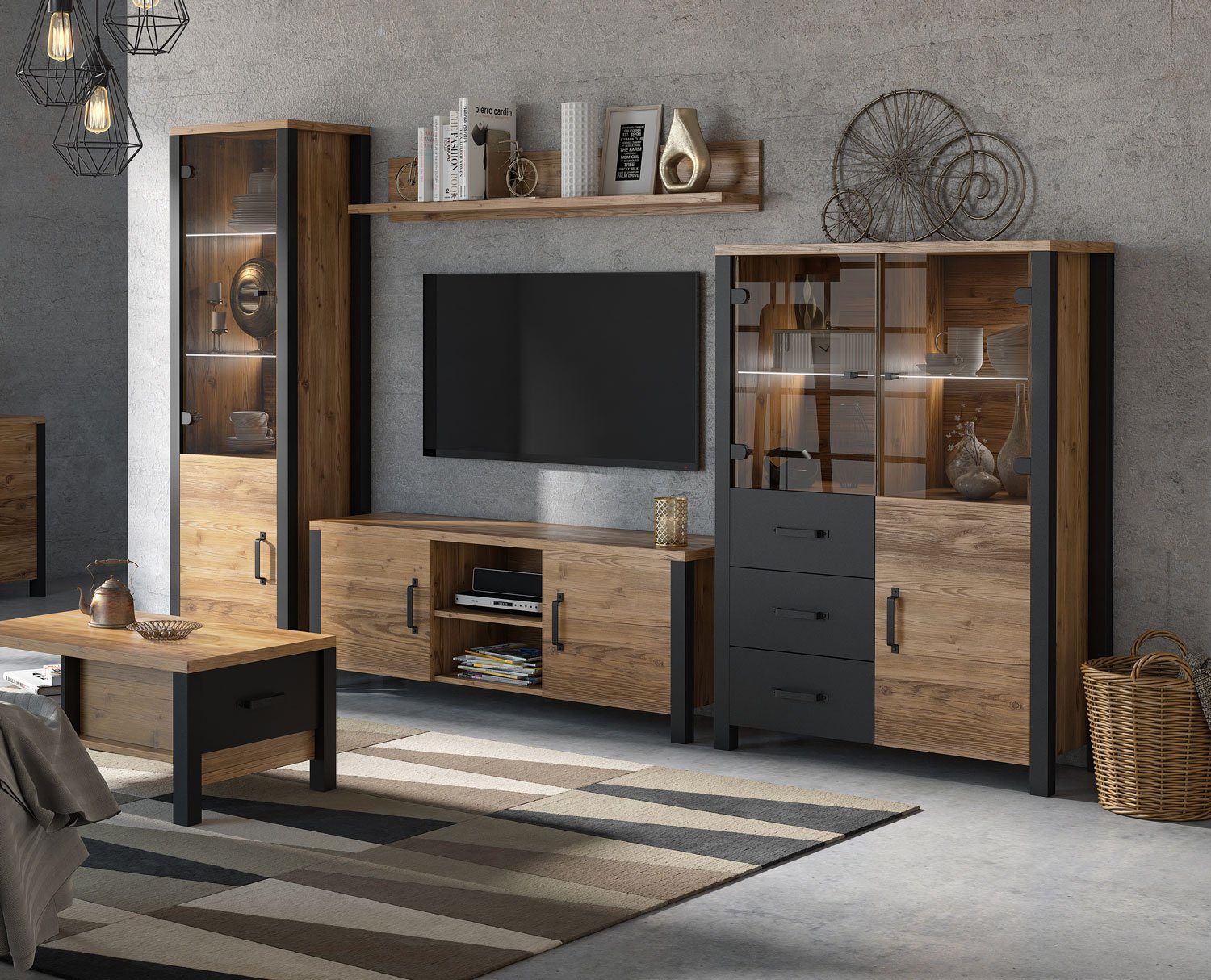 Helvetia Wohnwand Osuna, (ABS Kanten, Griffe aus Metall, Industrial-Design, 4-St., 1 Vitrine - 1 Lowboard - 1 Highboard - 1 Wandregal - 1 Couchtisch), 5-teilig Appenzeller Fichte / schwarz