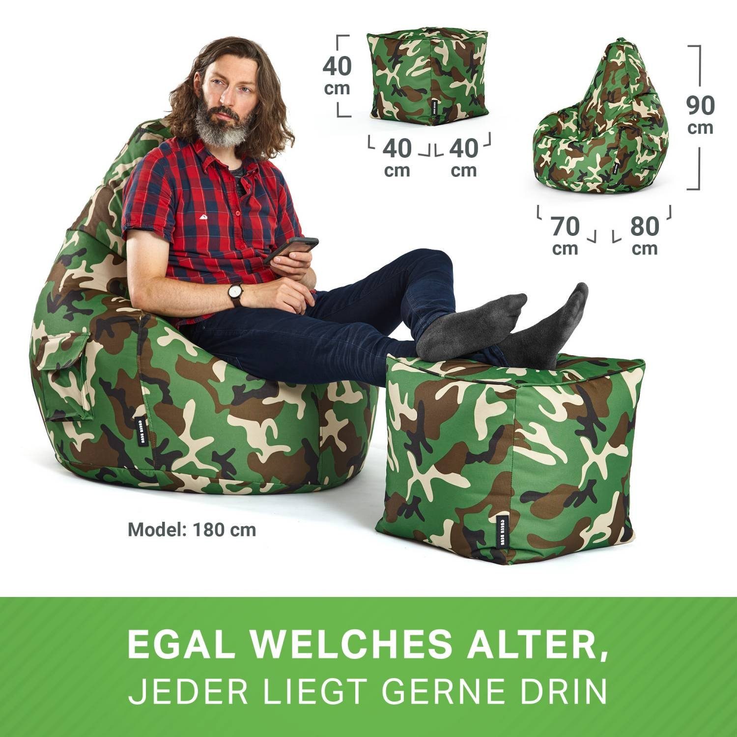 Green Bean Sitzsack Cozy+Cube (2er Gamingstuhl Erwachsene Lounge Kinder Bag + waschbar Sitzhocker Gamer Bodenkissen), Pouf robust befüllt Camouflage Grün Relax-Sessel Bean fertig schmutzabweisend Set - - -, Sitzsack Hocker &