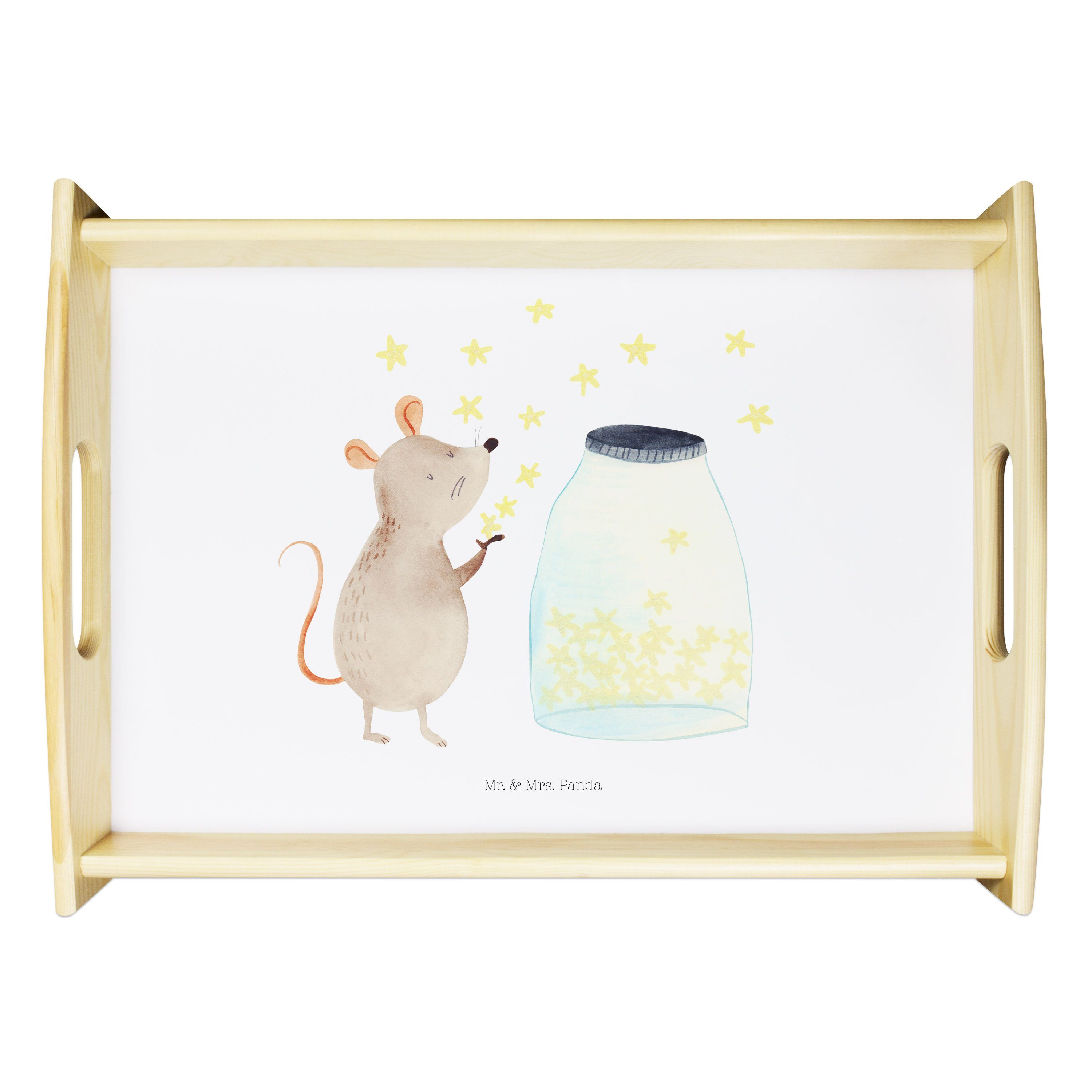 Mr. & Mrs. Panda Tablett Maus Sterne - Weiß - Geschenk, Tiere, Dekotablett, Gute Laune, lustig, Echtholz lasiert, (1-tlg)