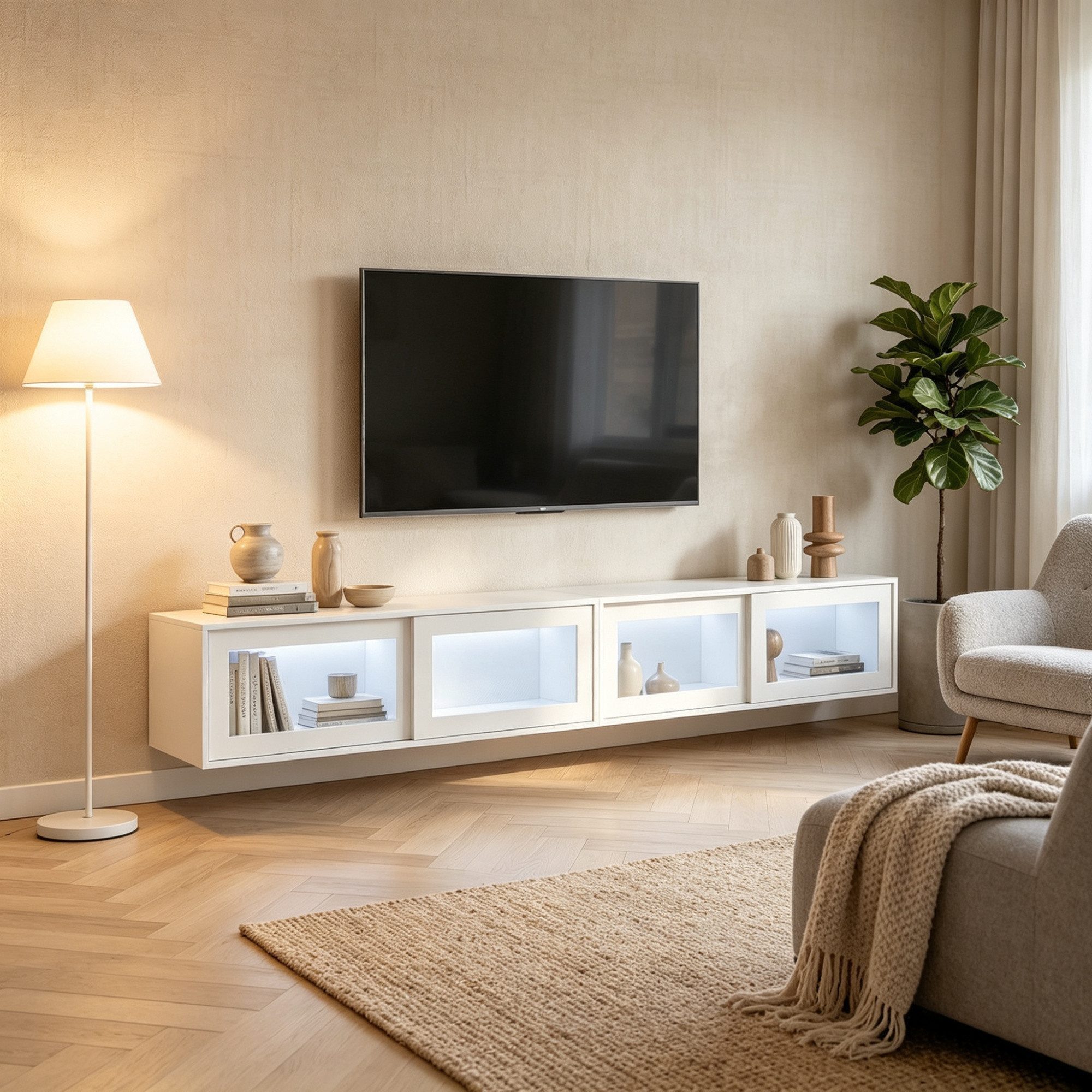 FUFU&GAGA Lowboard Hängendes TV-Lowboard 200 cm Set, Hochglanz Weiß mit LED