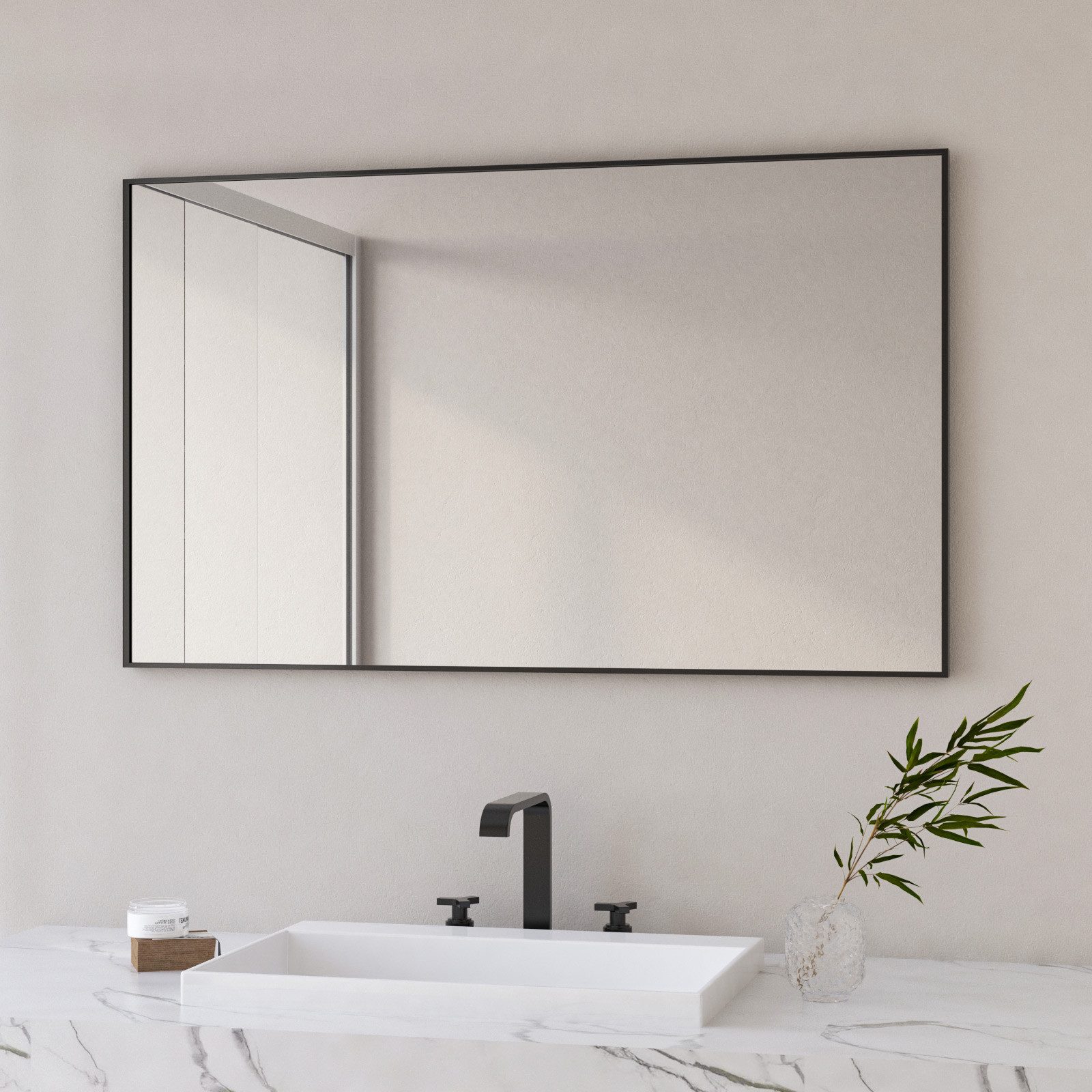 Hopibath Wandspiegel groß 100x60 eckig Schwarz mit Alurahmen (Spiegel, für Bad, Flur, Wohnzimmer, Schlafzimmer), 5mm HD Glas, mit explosionsgeschützte membran