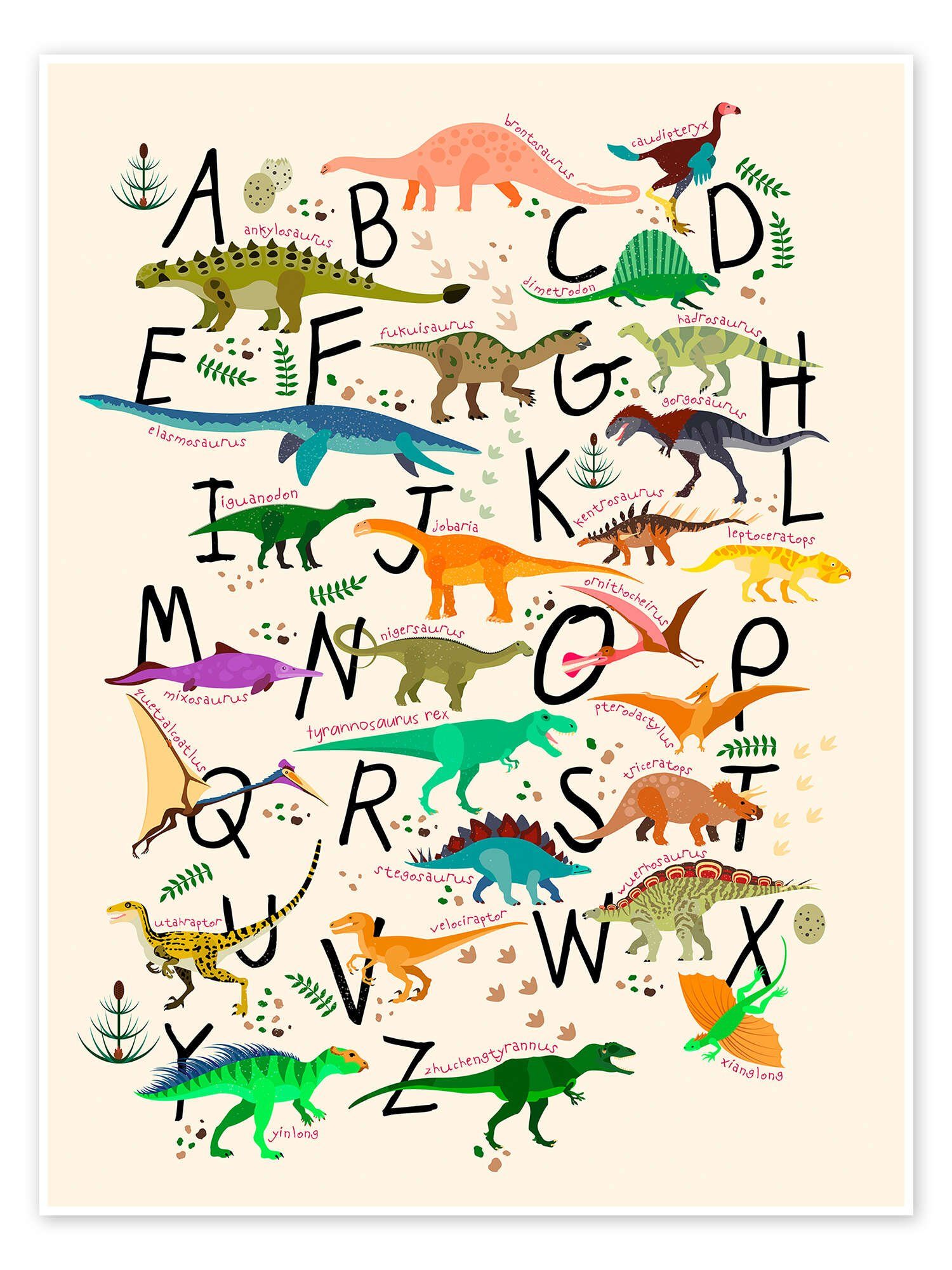 Posterlounge Wandbild Dino-Alphabet, Kidz Collection, erhältlich als Poster, Leinwandbild, Wandsticker oder Acrylglasbild