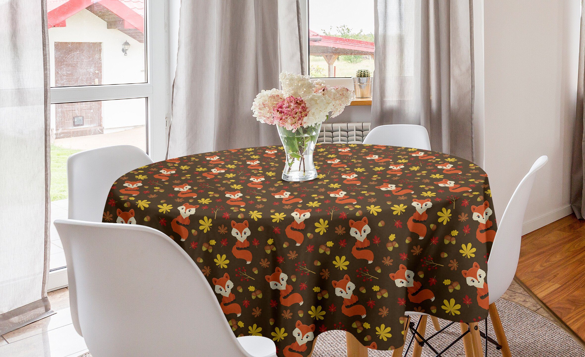 Abakuhaus Tischdecke Kreis Tischdecke Abdeckung für Esszimmer Küche Dekoration, Burnt Orange Blätter, Eicheln und Füchse