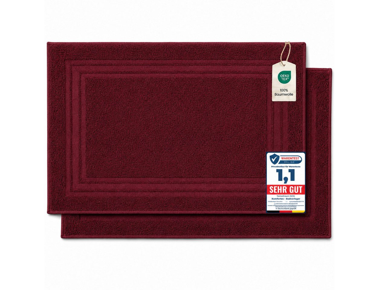 Komfortec Badematte Badvorleger aus 100% Baumwolle, Waschbar Duschmatte, Frottee, Rechteckig, 600 g/m², 2er Set, Saugfähig & Schnelltrocknend