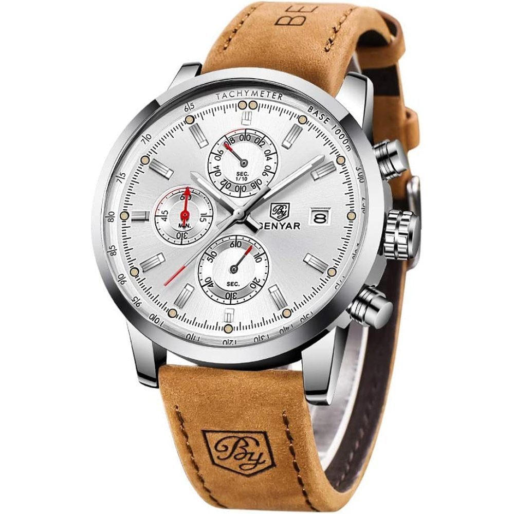 GelldG Quarzuhr Herrenuhr Lederband Chronograf Quarz Uhr Wasserdicht Armbanduhr ‎‎weiß+Silber+braun