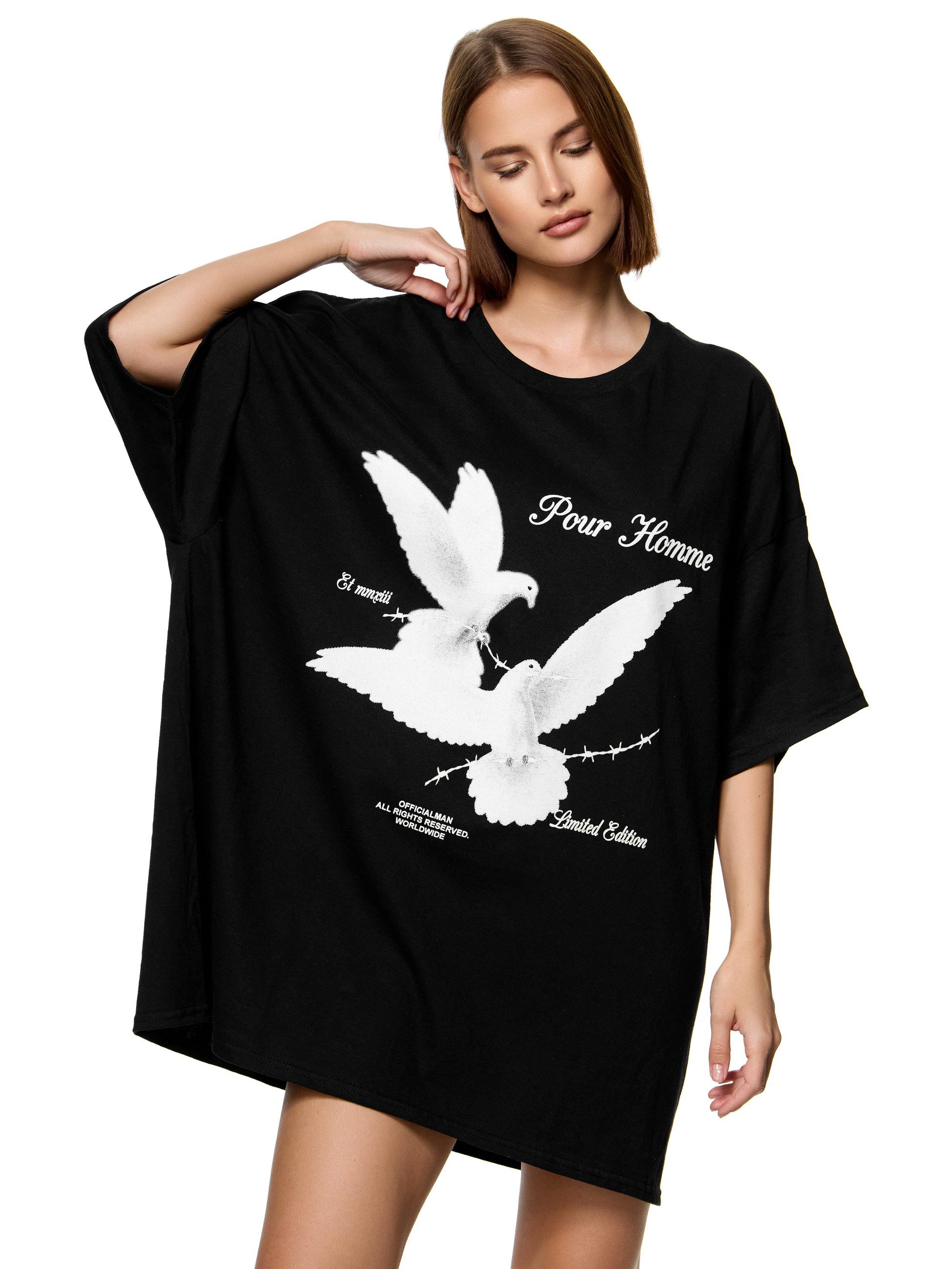 Worldclassca T-Shirt Worldclassca Oversized Print Weiße Tauben T-Shirt lang Tee Sommer Oberteil
