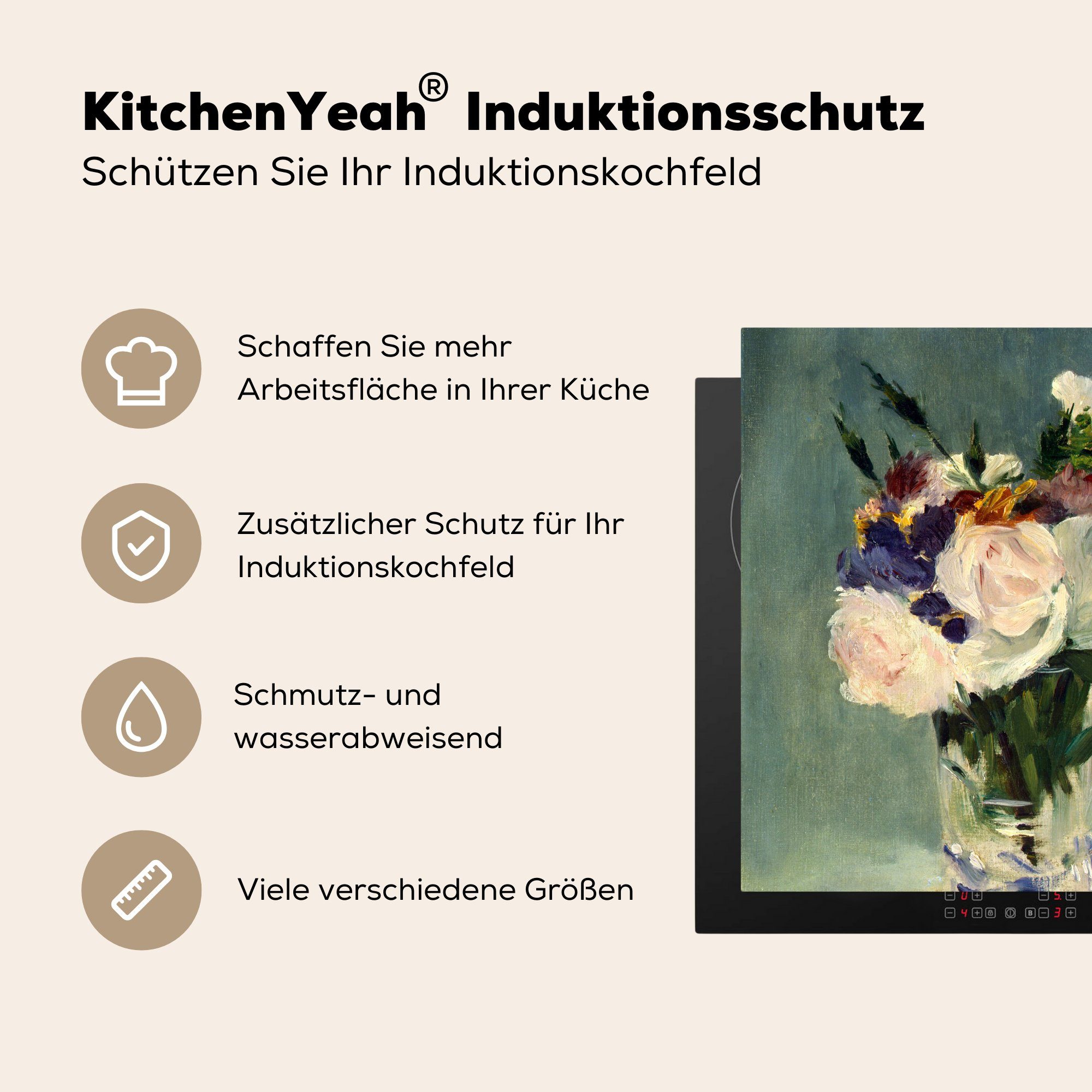 Blumen - Vinyl, einer cm, MuchoWow 78x78 für Manet, Edouard Kristallvase tlg), küche in (1 Ceranfeldabdeckung, Arbeitsplatte Herdblende-/Abdeckplatte