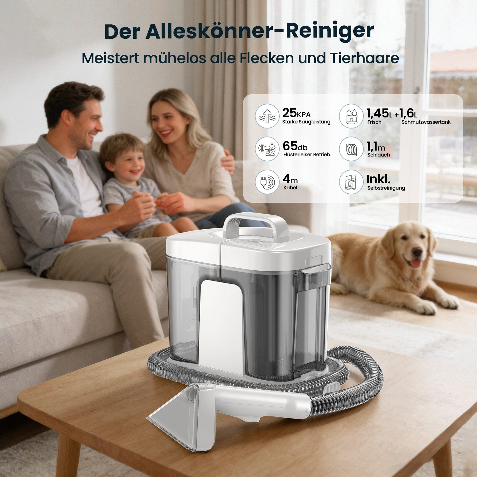 Grenintol Teppichreinigungsgerät 25kPA Waschsauger,Teppichreiniger,Tragbarerer Polsterreiniger Gerät, 600 W, 1,45 l Frischwassertank + 1,6 l Schmutzwassertank, tragbarer Nasssauger & Fleckenreiniger mit 2-Tank-System, reinigt gründlich Polster, Teppiche, Autositze & Matratzen