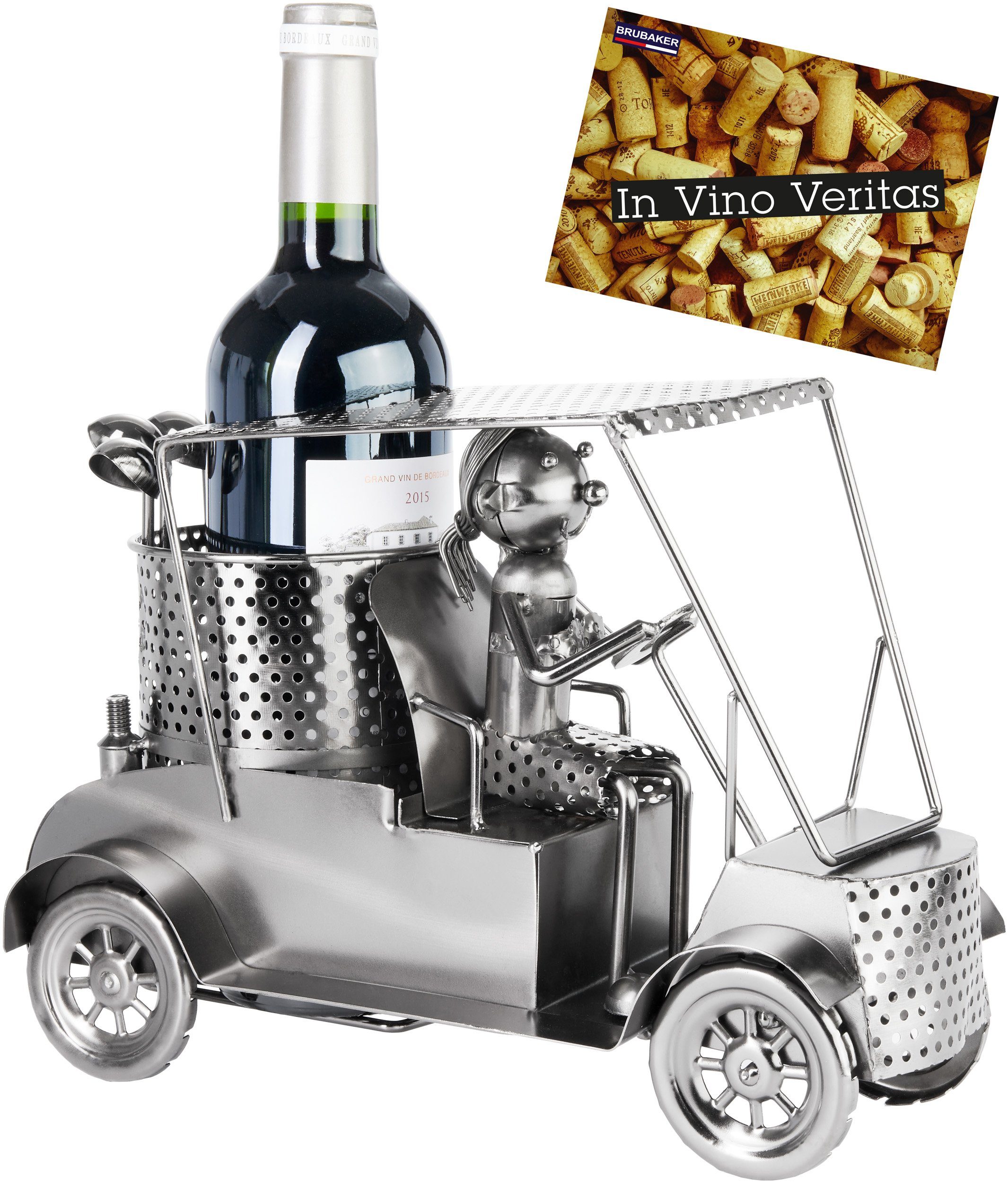 Weinflaschenhalter Flaschenhalter Golfspielerin in einem Golfcart - Metall Skulptur Golf