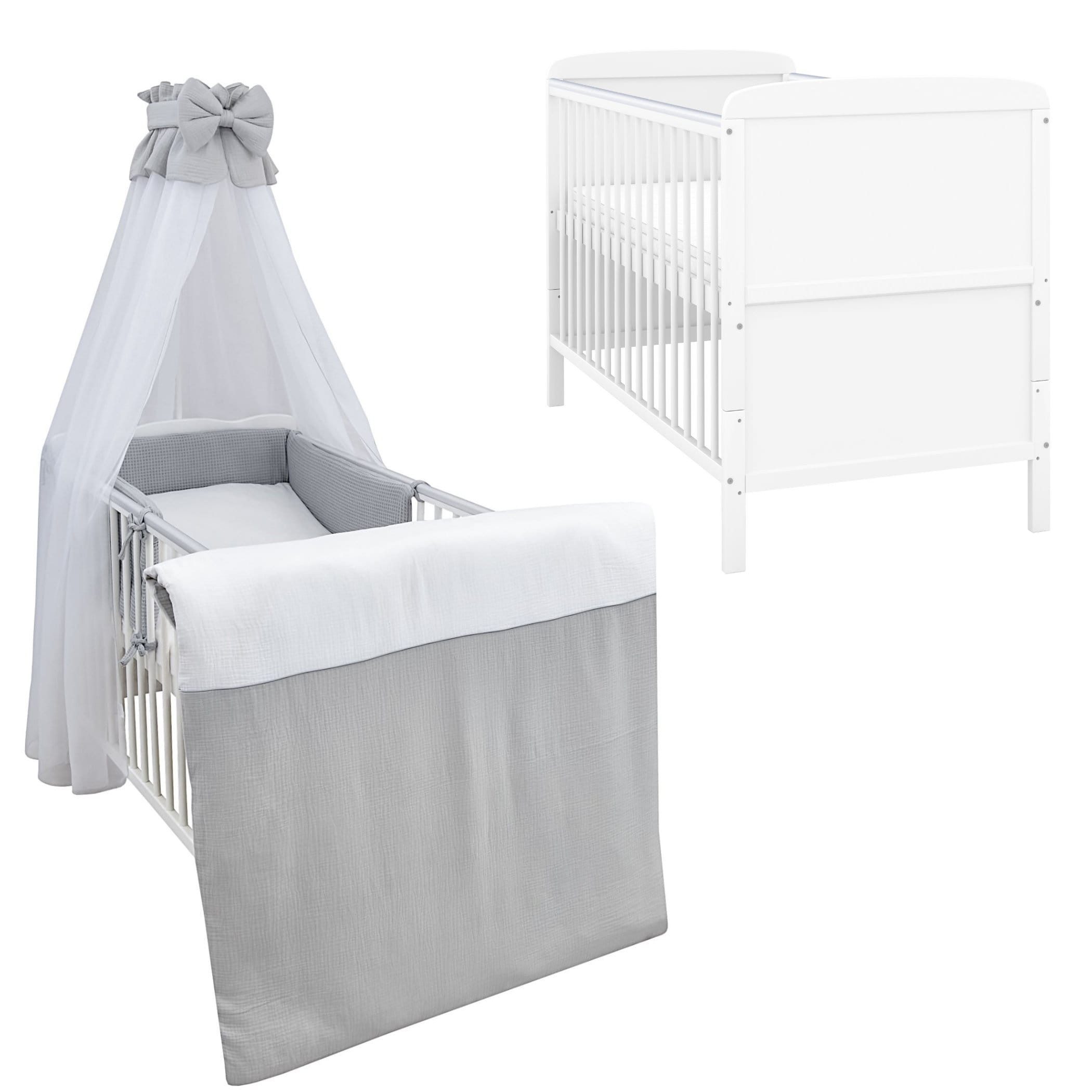 Baby-Delux Komplettbett Babybett Natalie Komplettset Musselin Waffelpique, 10-tlg., Kinderbett 70x140 cm weiß, Bettset verschiedene Designs
