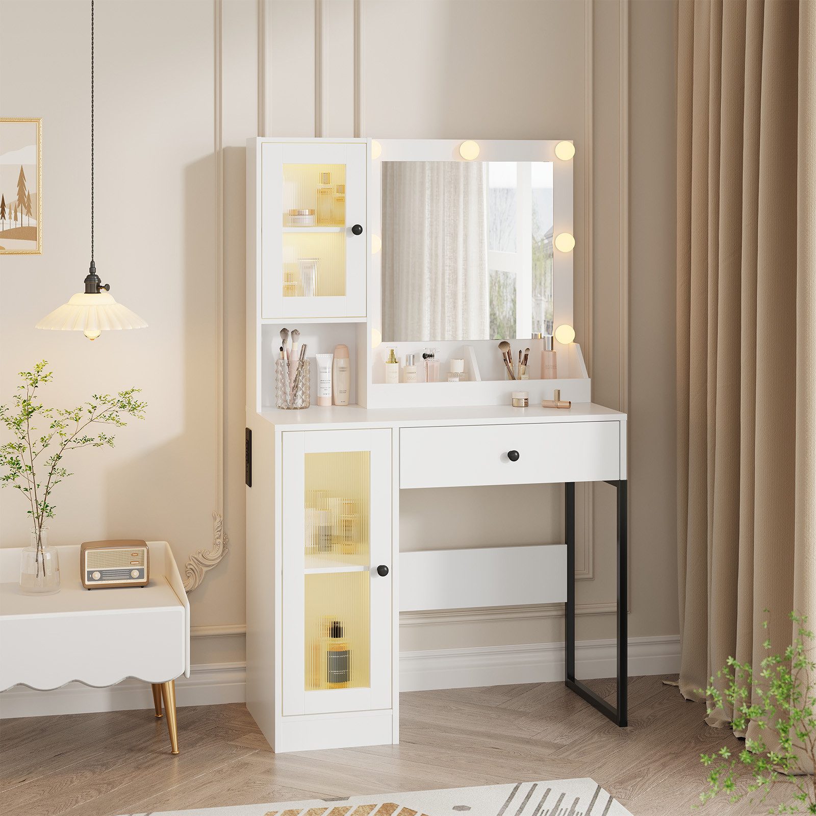 GarveeMore Schminktisch mit kratzfestem Spiegel, 3-farbiges LED Licht & stufenlose Dimmung (Weiß/Braun), 1 Schublade & 2 Schränke mit Glastüren & 3 offene Fächer