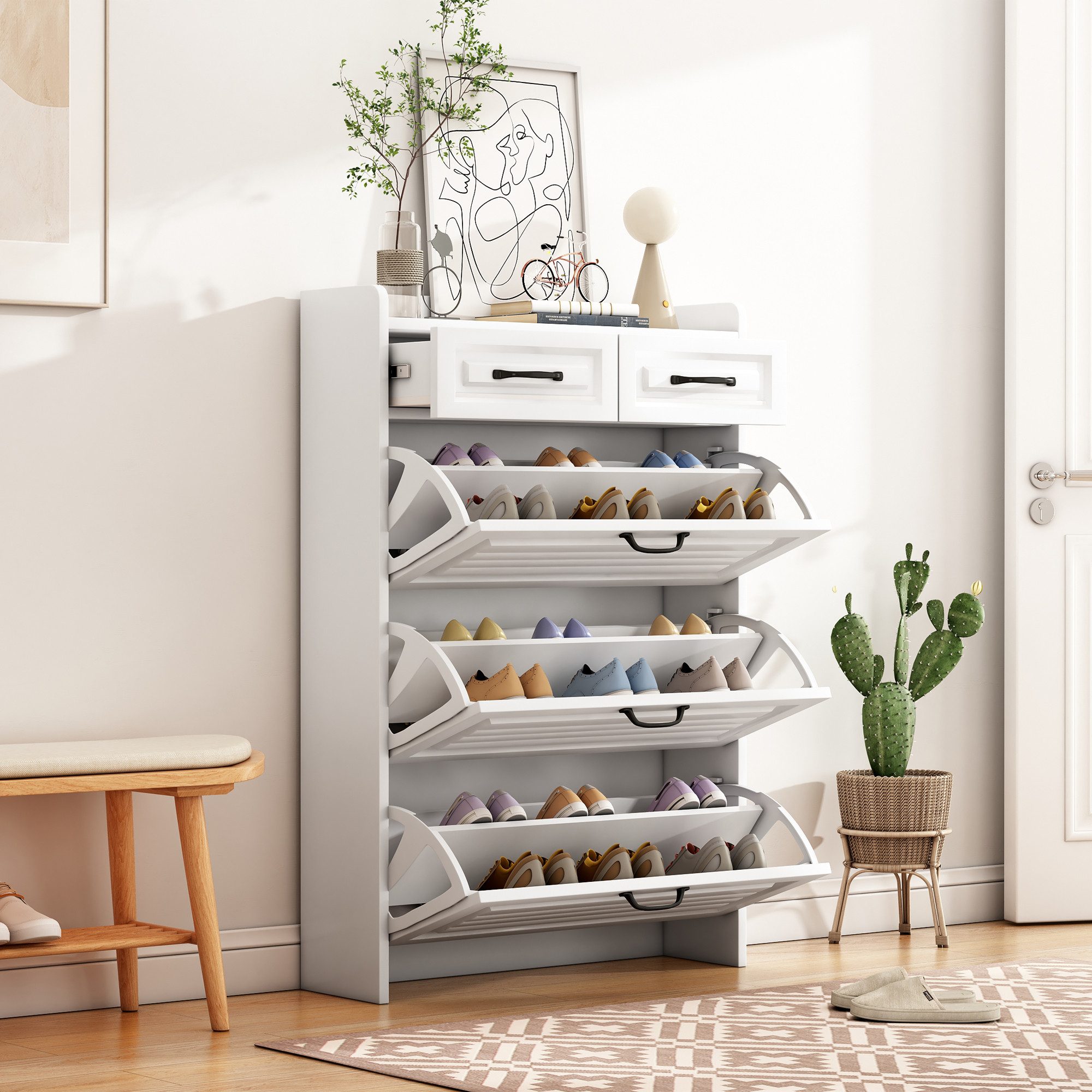 KLAM HOME Schuhkommode Schuhkommode mit drehbarem Schuhschrank, B80/T23.5/H125 cm, Schuhschrank mit 3 großen Klappen und 2 Schubladen