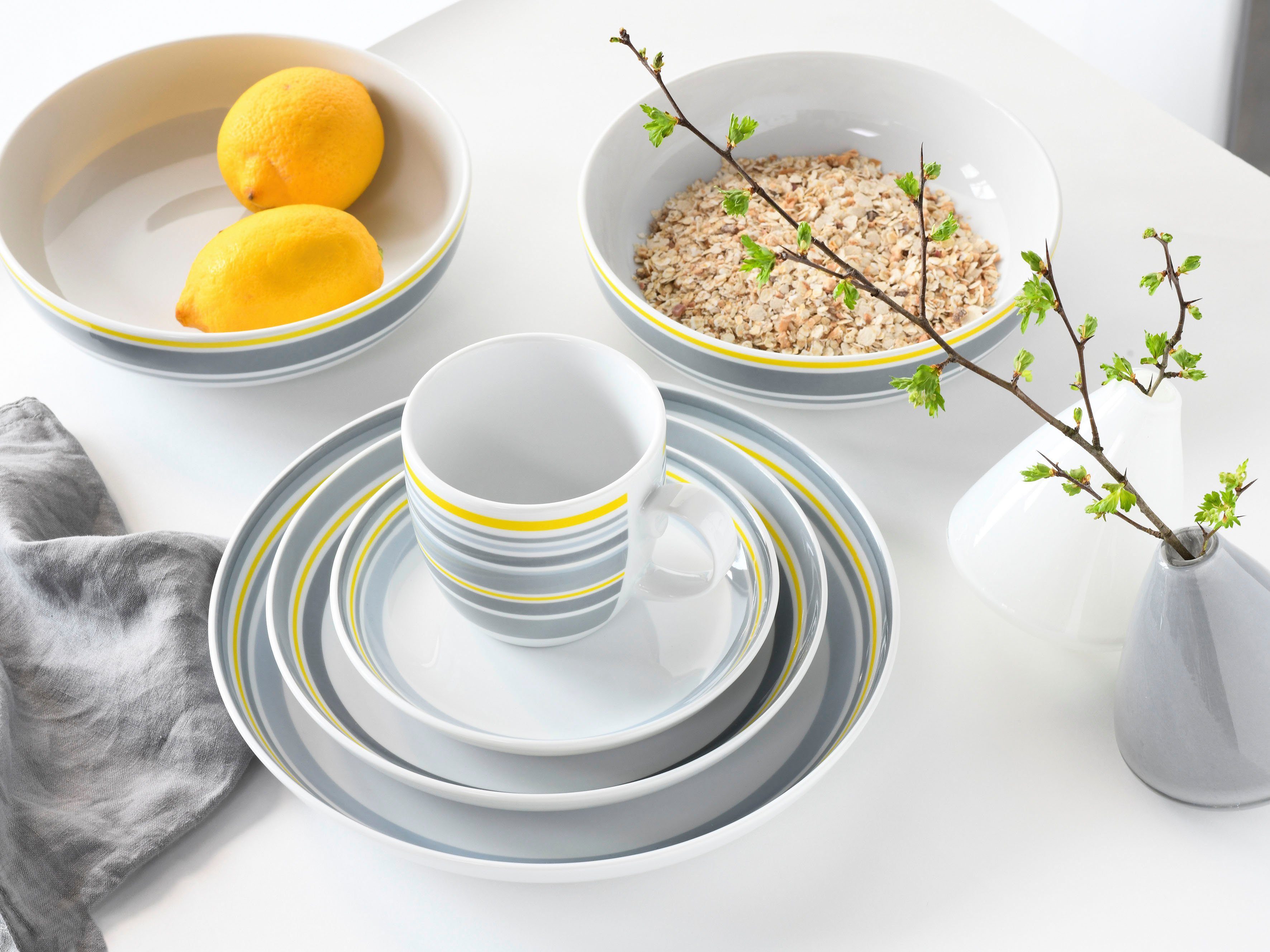 CreaTable Kombiservice Geschirr-Set Trend Line für mit gelb/grau, Porzellan, Service, 10 Personen Teile, 2 (10-tlg), in Bänderdekor Personen, 2