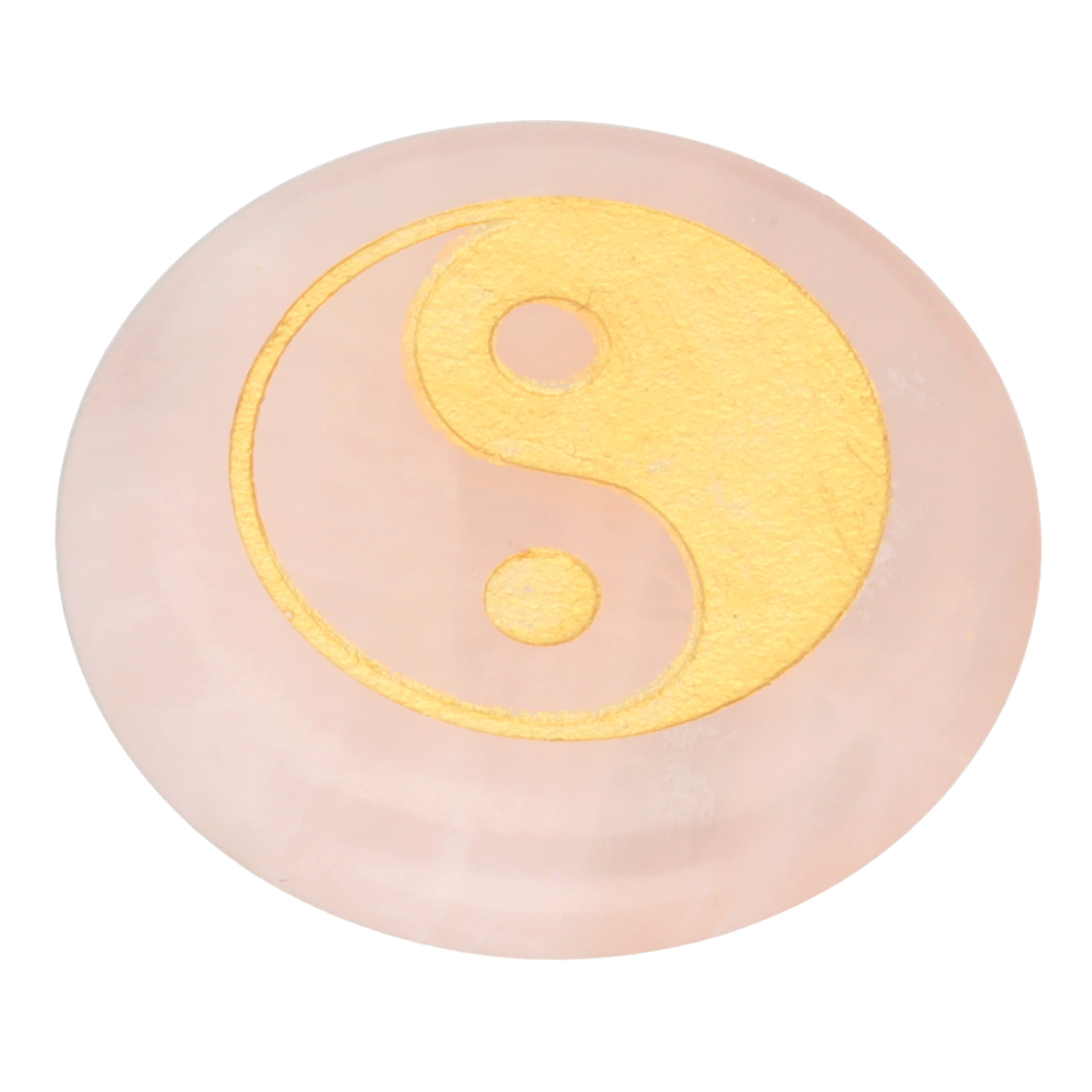 Lebensquelle Plus Teichkies Rosenquarz Scheibenstein mit goldener Yin & Yang Gravur
