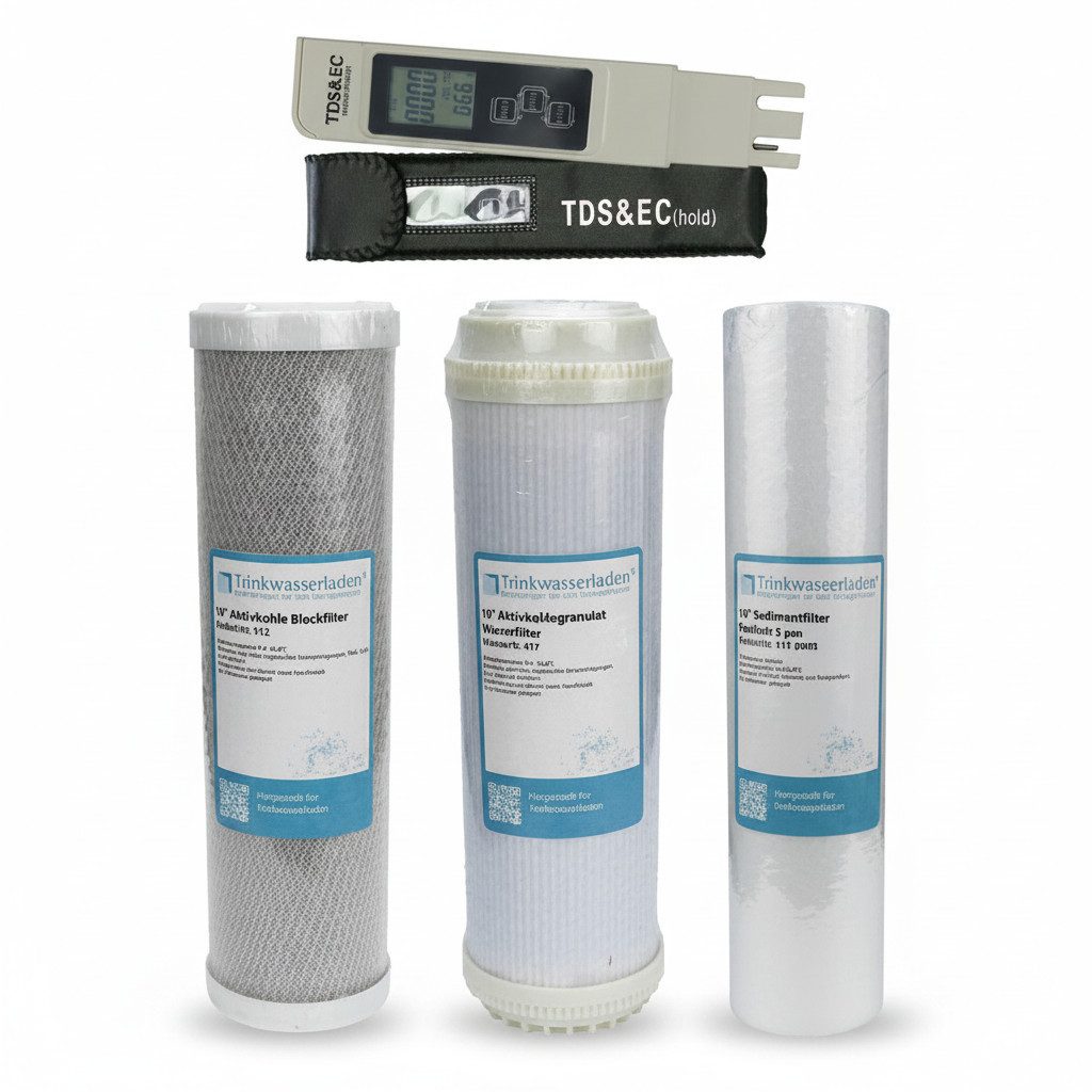 Trinkwasserladen Filtereinsatz, Filterset 10" 3-teilig + Wassertester TDS/EC - Umkehrosmose