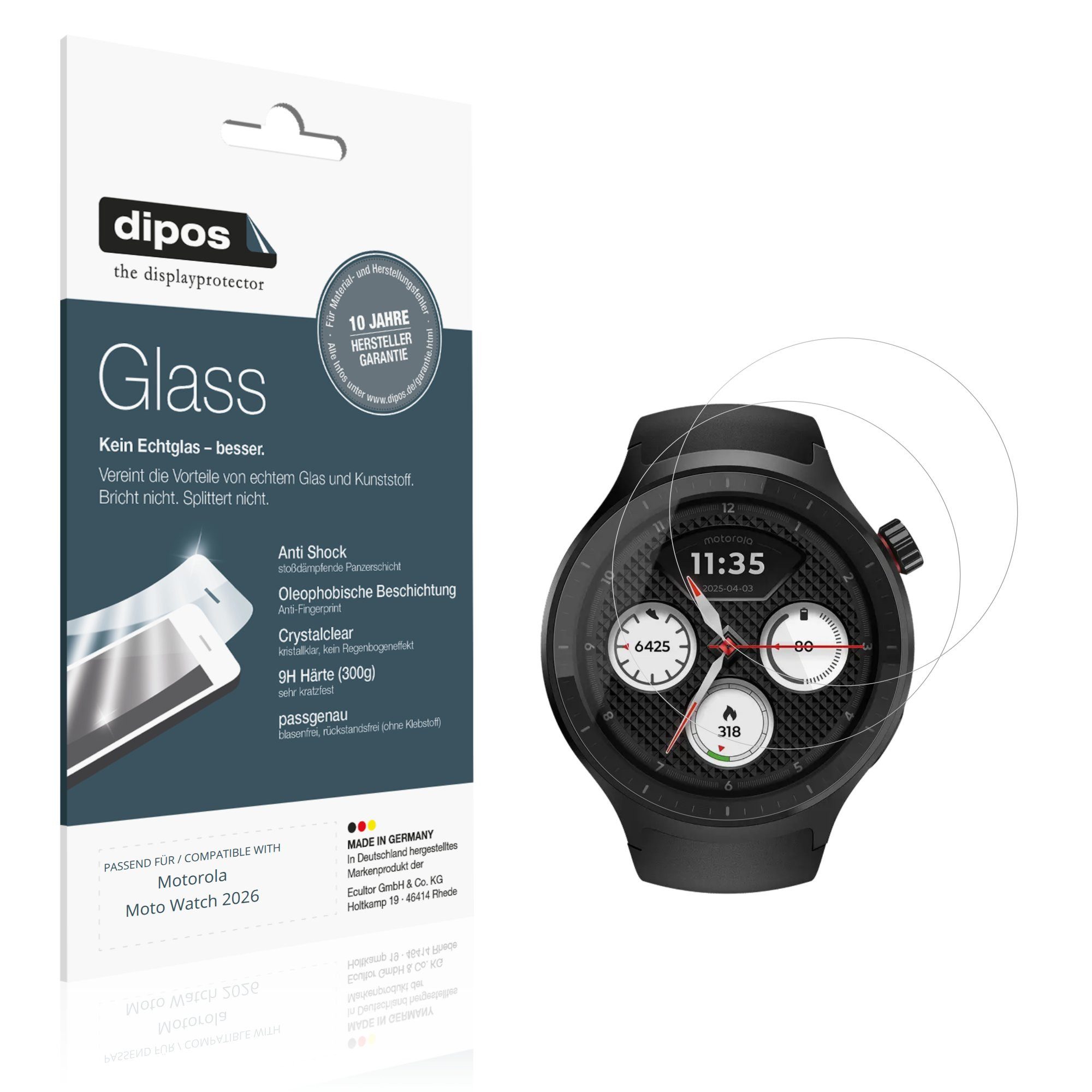 dipos Displayschutzfolie Schutzfolie für Motorola Moto Watch 2026, 2 Stück, Displayschutz Schutz Folie Made in Germany