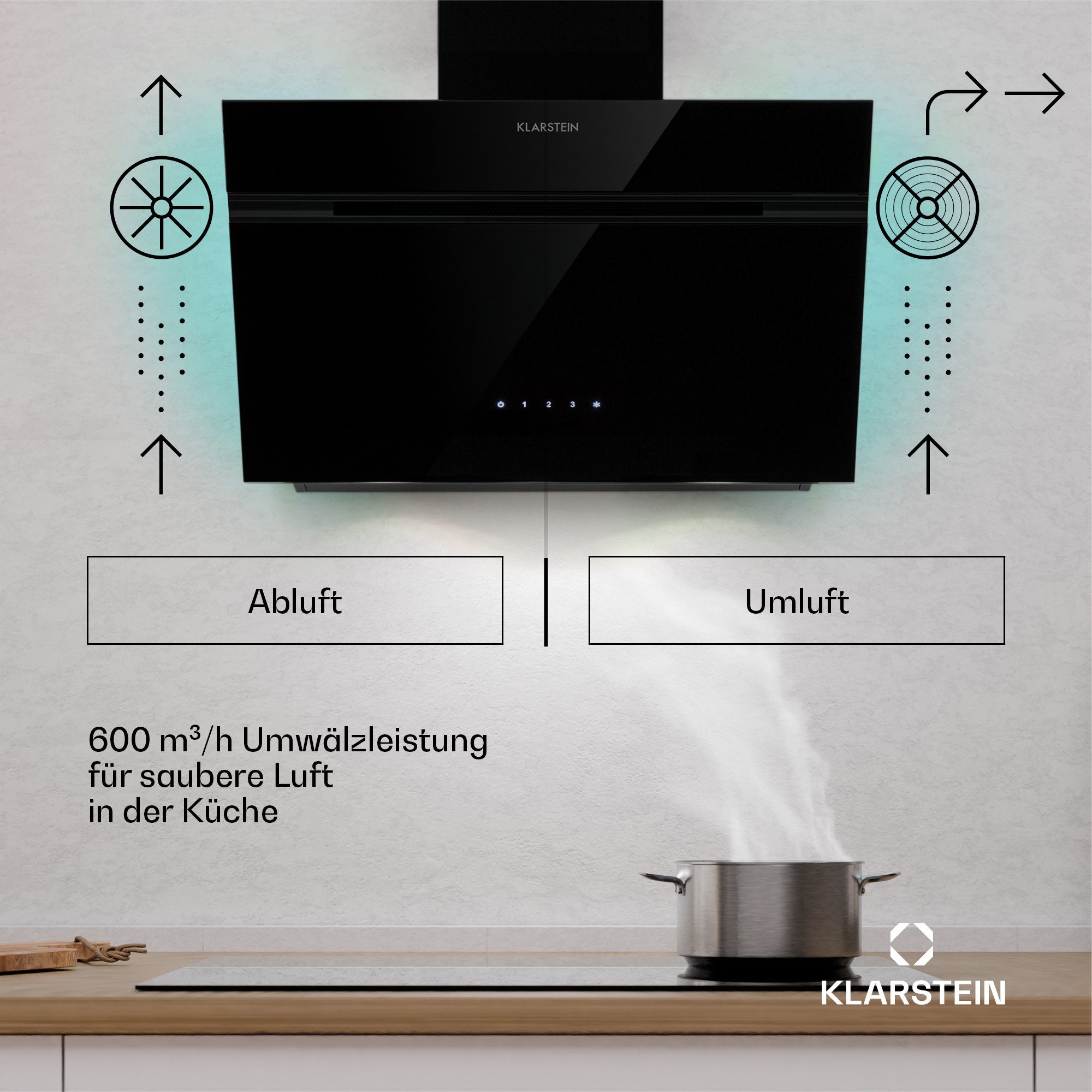 Klarstein Deckenhaube Alina 60 Serie Alina 60 Dunstabzugshaube 60 cm 600 m³/h Umluft LED 9 Farben Abzugshaube Küche Abzughaube Abluft mit Touch & 9 Farben – Bild 2 von 5