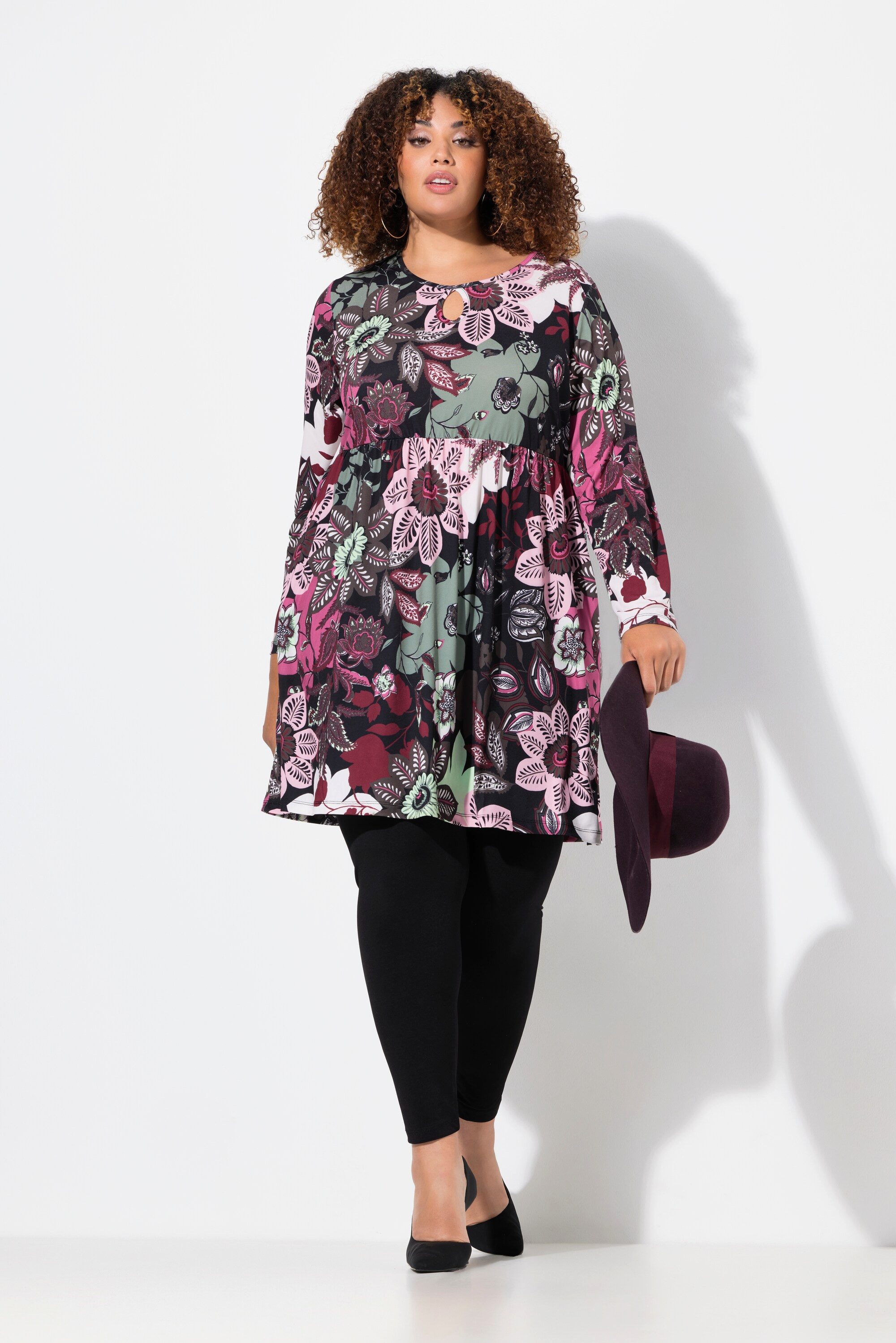 Ulla Popken Longshirt Longshirt A-Linie Rundhals Keyhole Langarm